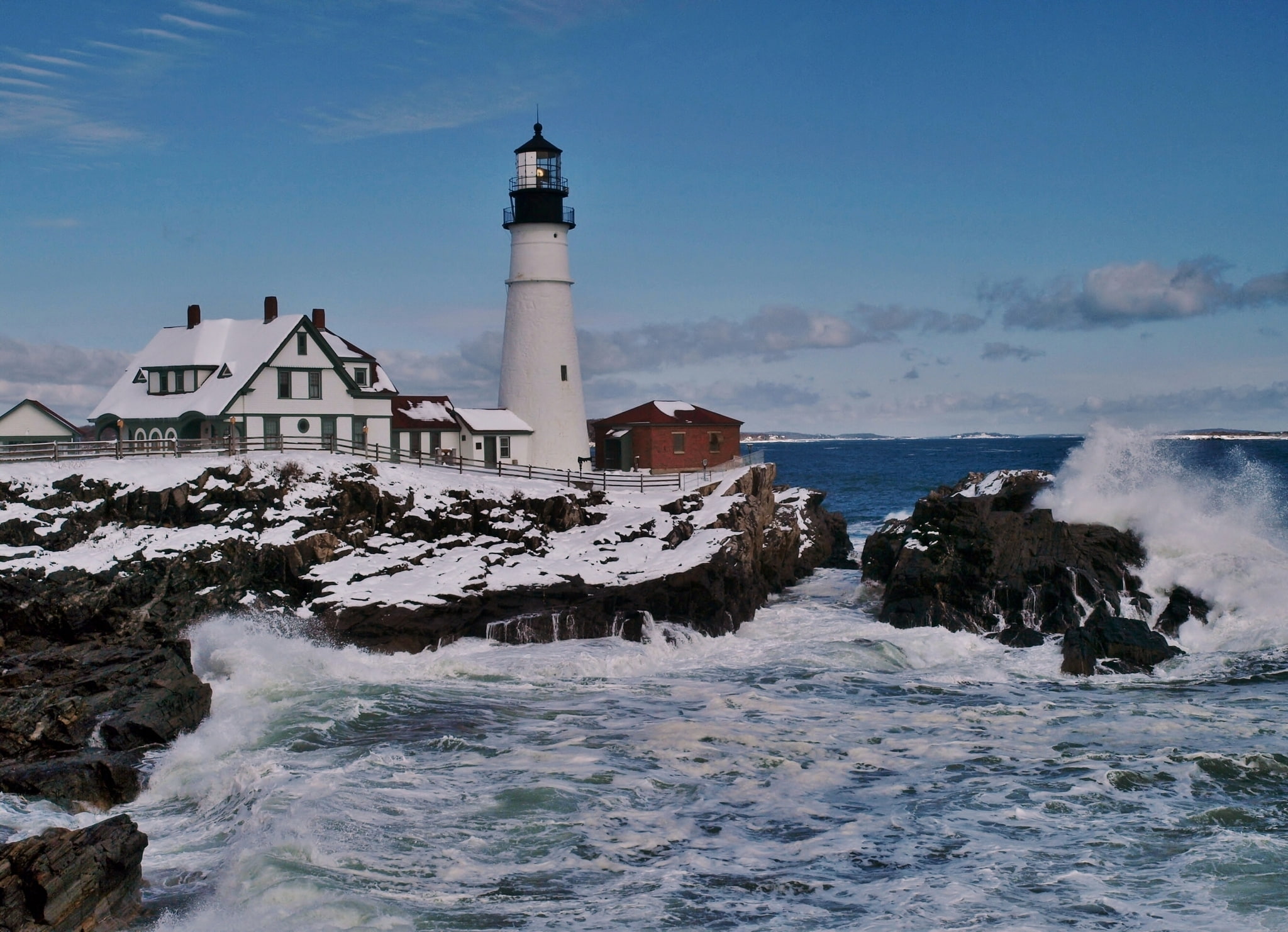 Bay, rocks, 1080P, surf, coast, lighthouse, Portland Head Light, Cape Elizabeth, HD Wallpaper