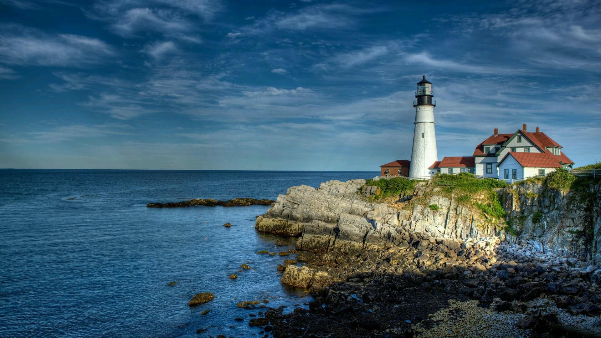 horizon, usa, horizon over water, guidance, solid, land, outdoors, building, sea, maine, headland, rock - object, cape elizabeth, building exterior, united states, HD Wallpaper