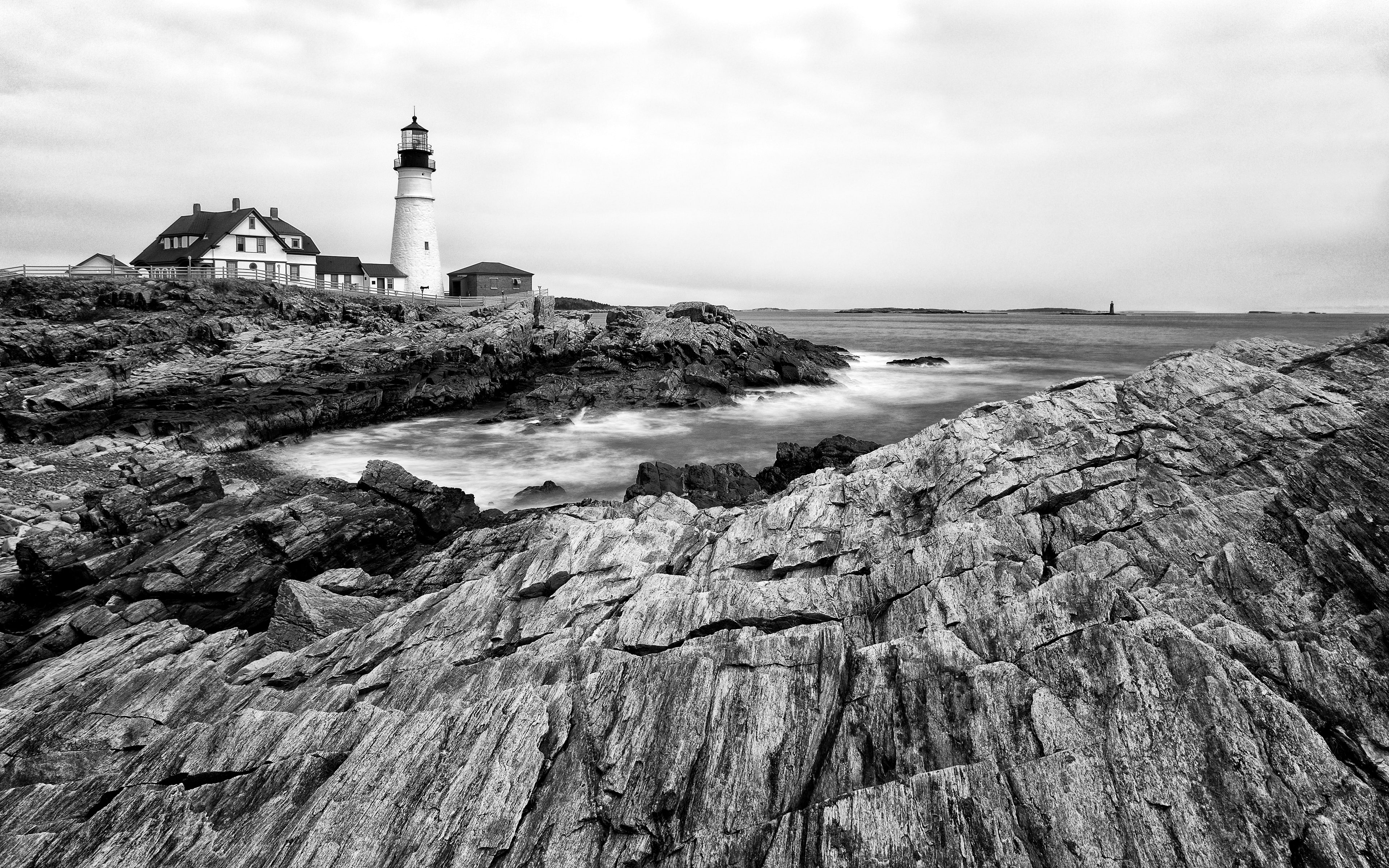 blackandwhite, solid, grey, maine, rock, photography, cloud - sky, rocky coastline, landscape, tower, architecture, built structure, sea, guidance, eroded, HD Wallpaper