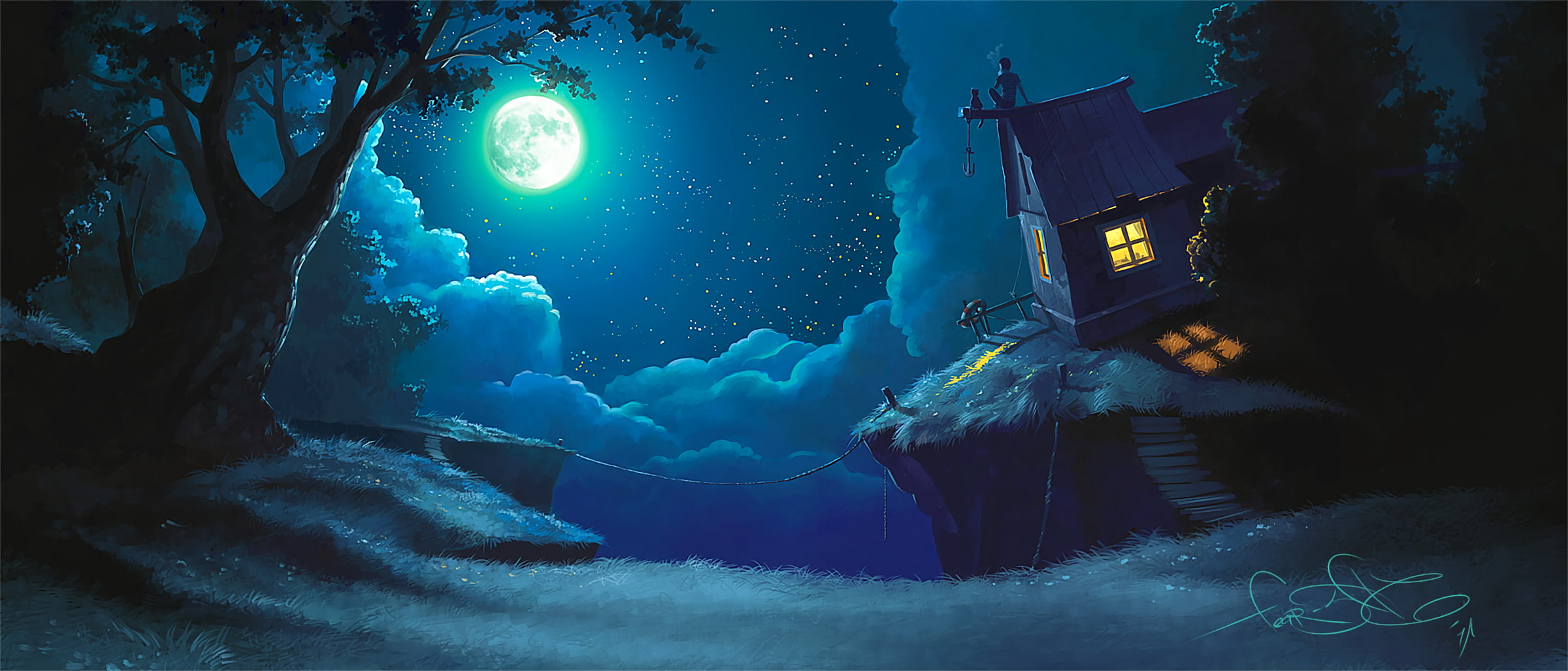plant, forest, toon colors, moon, sky, water, 1080P, house, dark, stars, outdoors, celebration, low angle view, illuminated, lighting equipment, Fantasy, HD Wallpaper