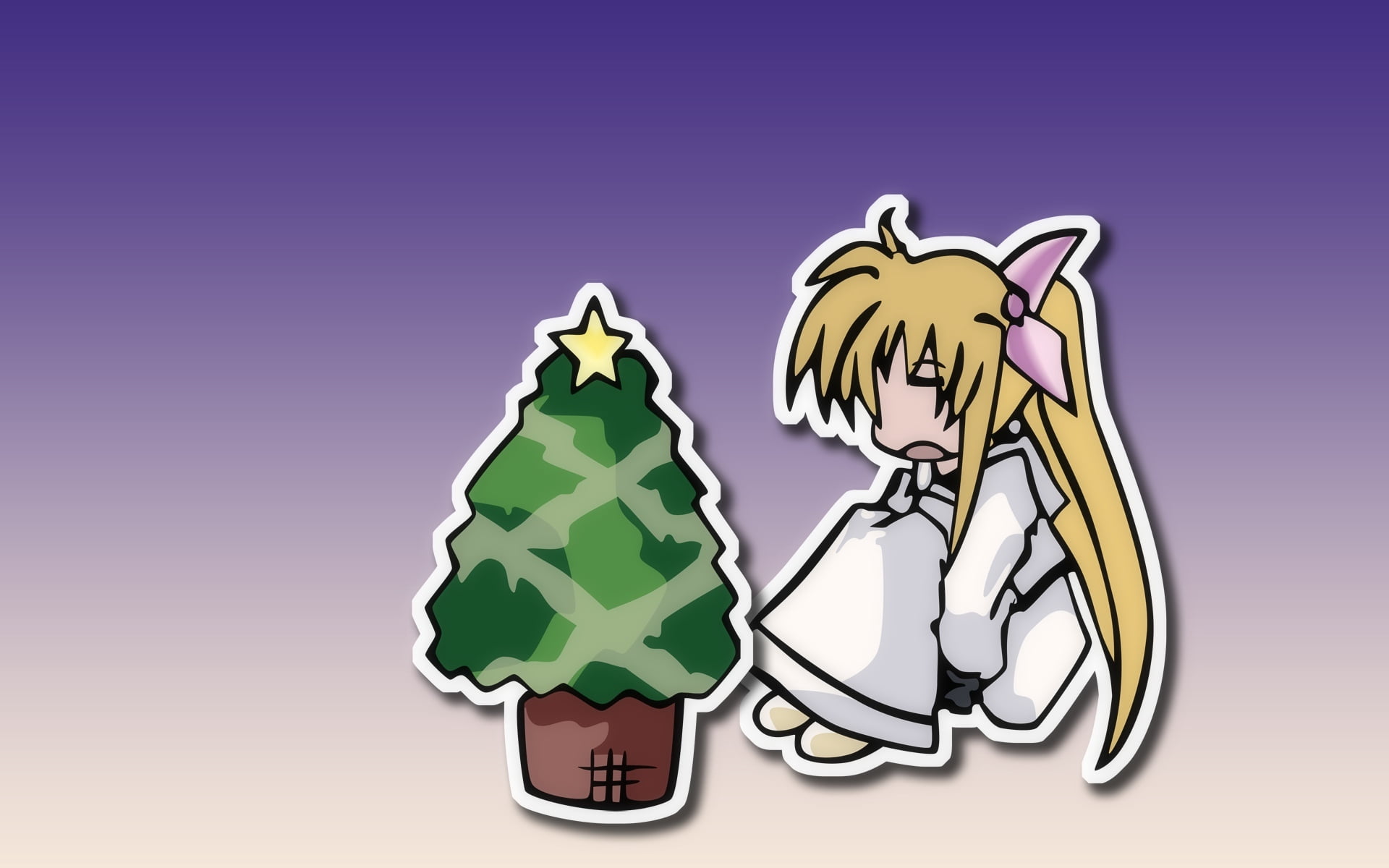 magical girl lyrical nanoha, humor, fun, christmas tree, blue background, haired, studio shot, full length, multi colored, emotion, no people, HD Wallpaper