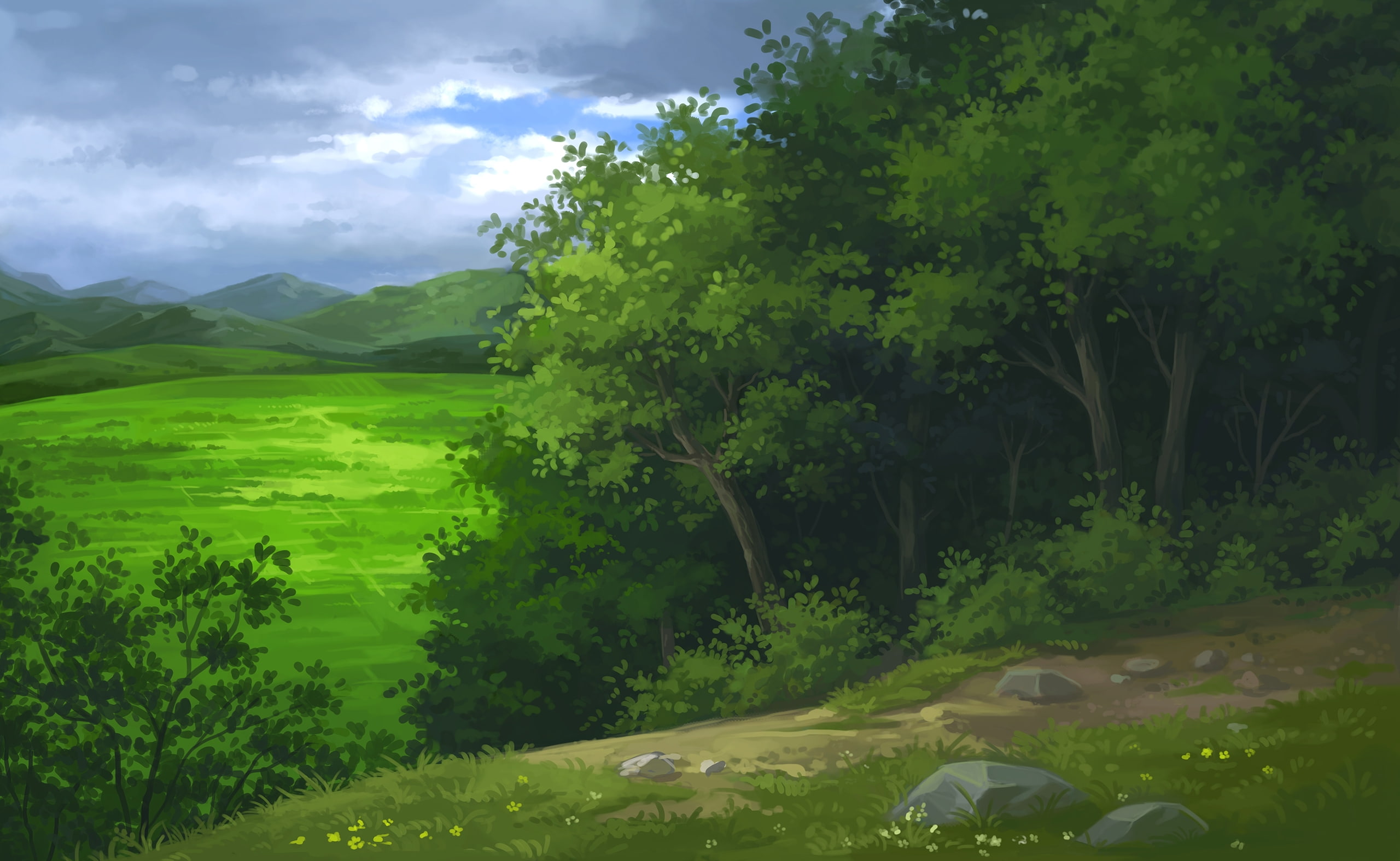 scenics - nature, nature, Anime, plant, tree, growth, cloud - sky, 2K, field, landscape, stones, sky, green color, forest landscape, idyllic, no people, HD Wallpaper