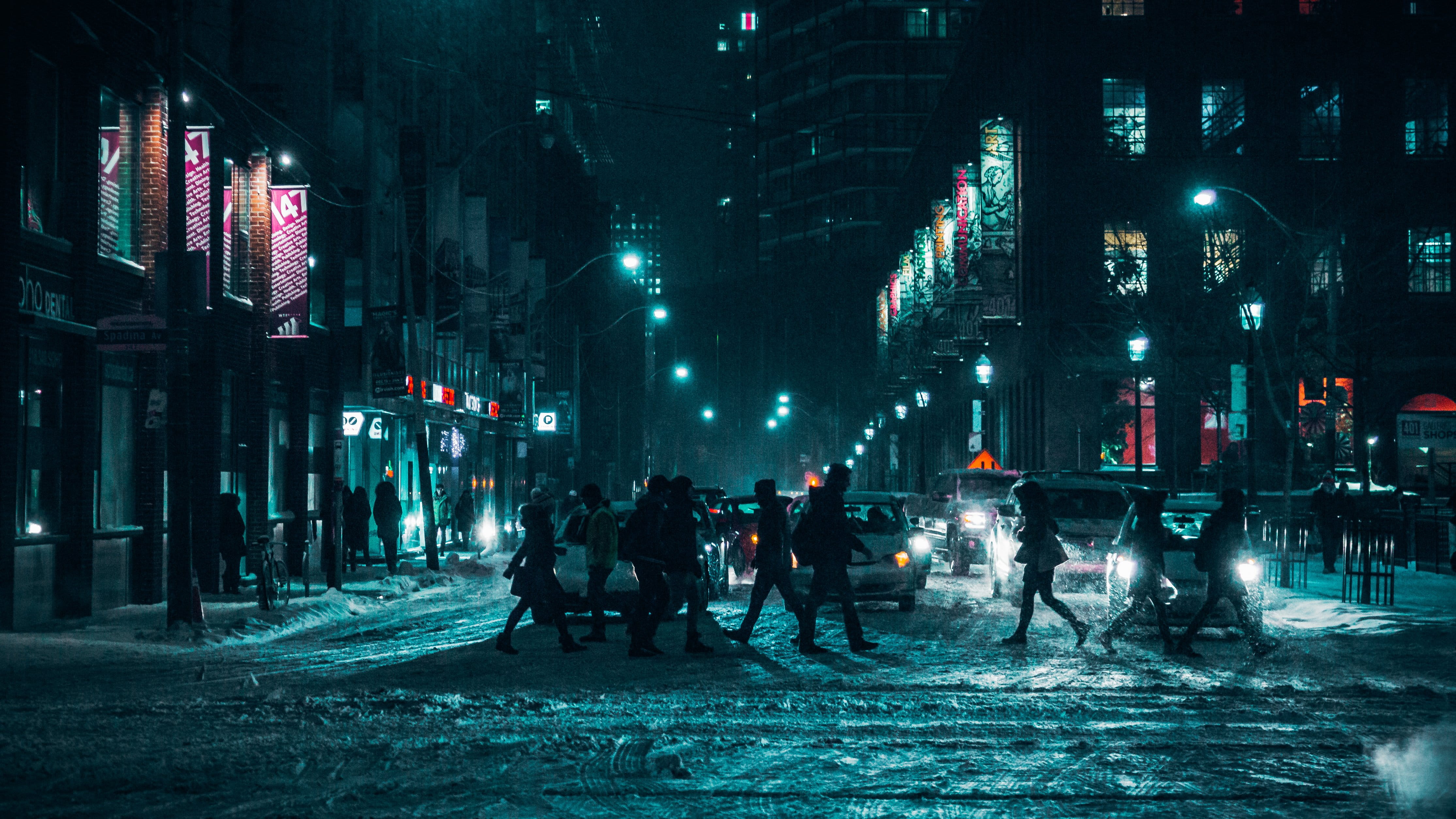 group of people, adult, outdoors, Street, street light, skyscraper, Seasons, Snow, men, built structure, office building exterior, illuminated, city street, HD Wallpaper