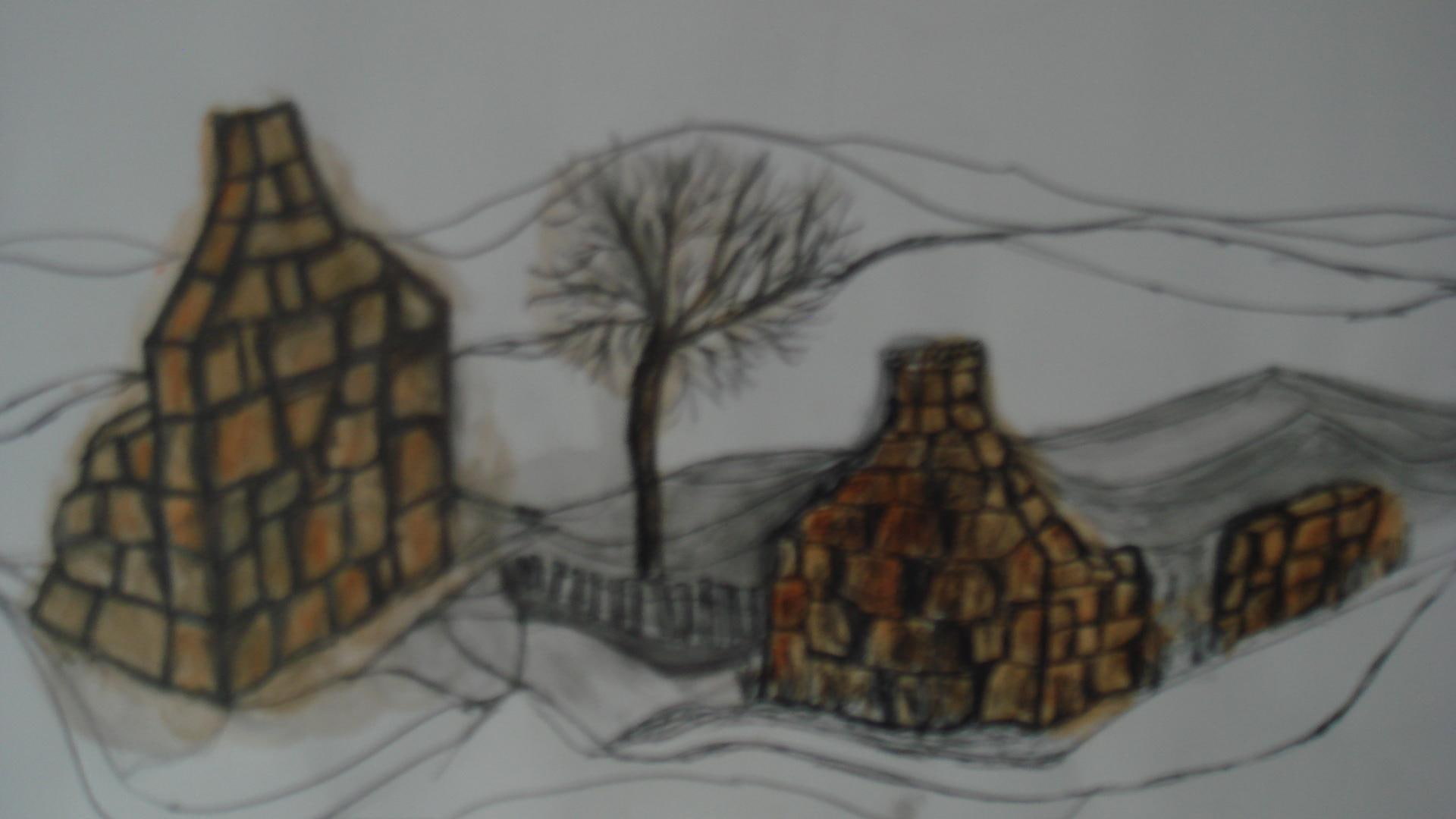 seasons, snow, brown, winter, cottages, trees, animals, scene, welsh, painting, brick, 1080P, house, HD Wallpaper