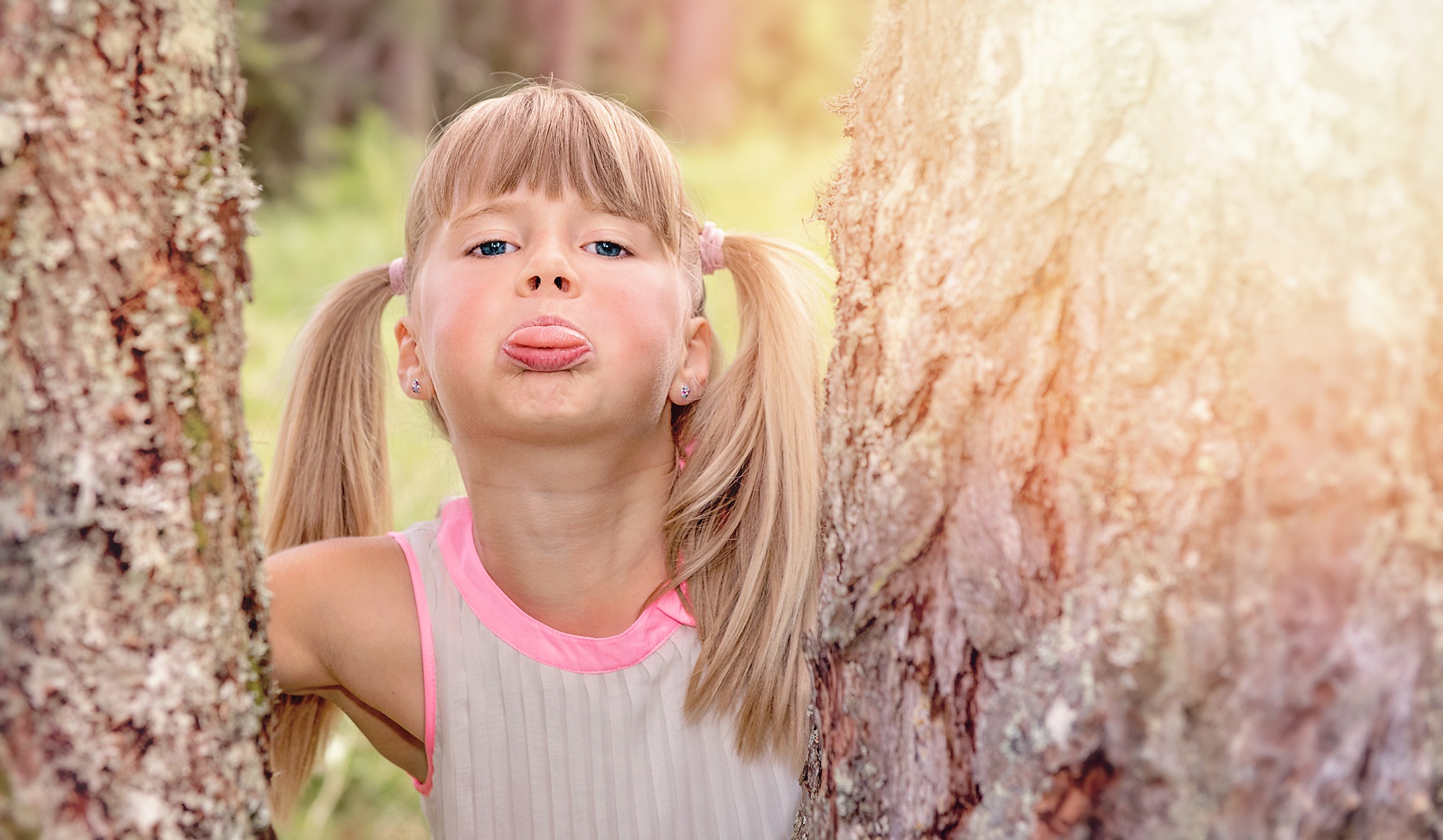 forest, childhood, body part, face, cheerful, show tongue, nature, plant, day, child, girl, human, hairstyle, innocence, summer, lighting, females, out, HD Wallpaper