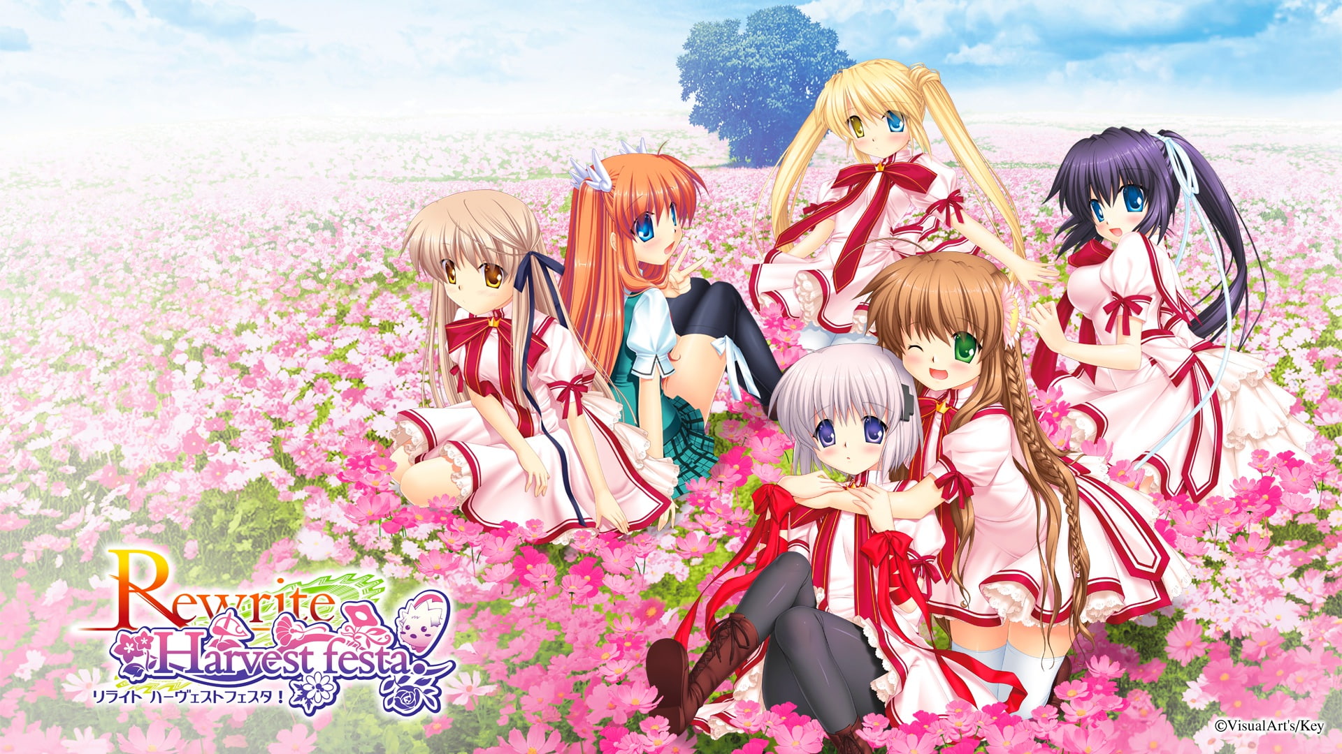 white, flowers, key, blonde, blue, 1080P, group, rewrite, senri, purple, seifuku, green, brown, black, red, eyes, hair, akane, visualart, HD Wallpaper