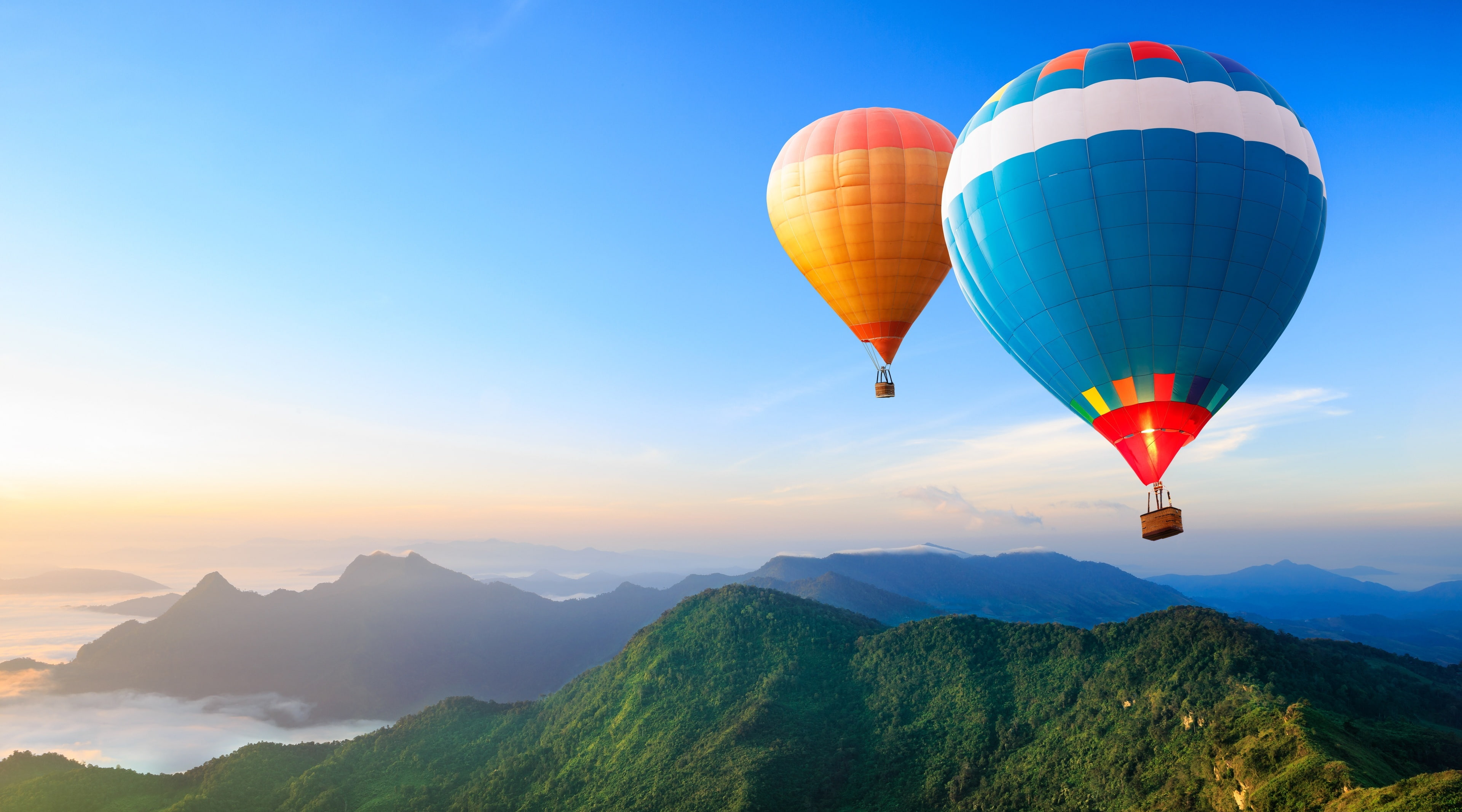 orange, two, Vacation, mountain, mid-air, nature, scenics - nature, sky, Explore, balloon, no people, Landscape, non-urban scene, Travel, blue, HD Wallpaper