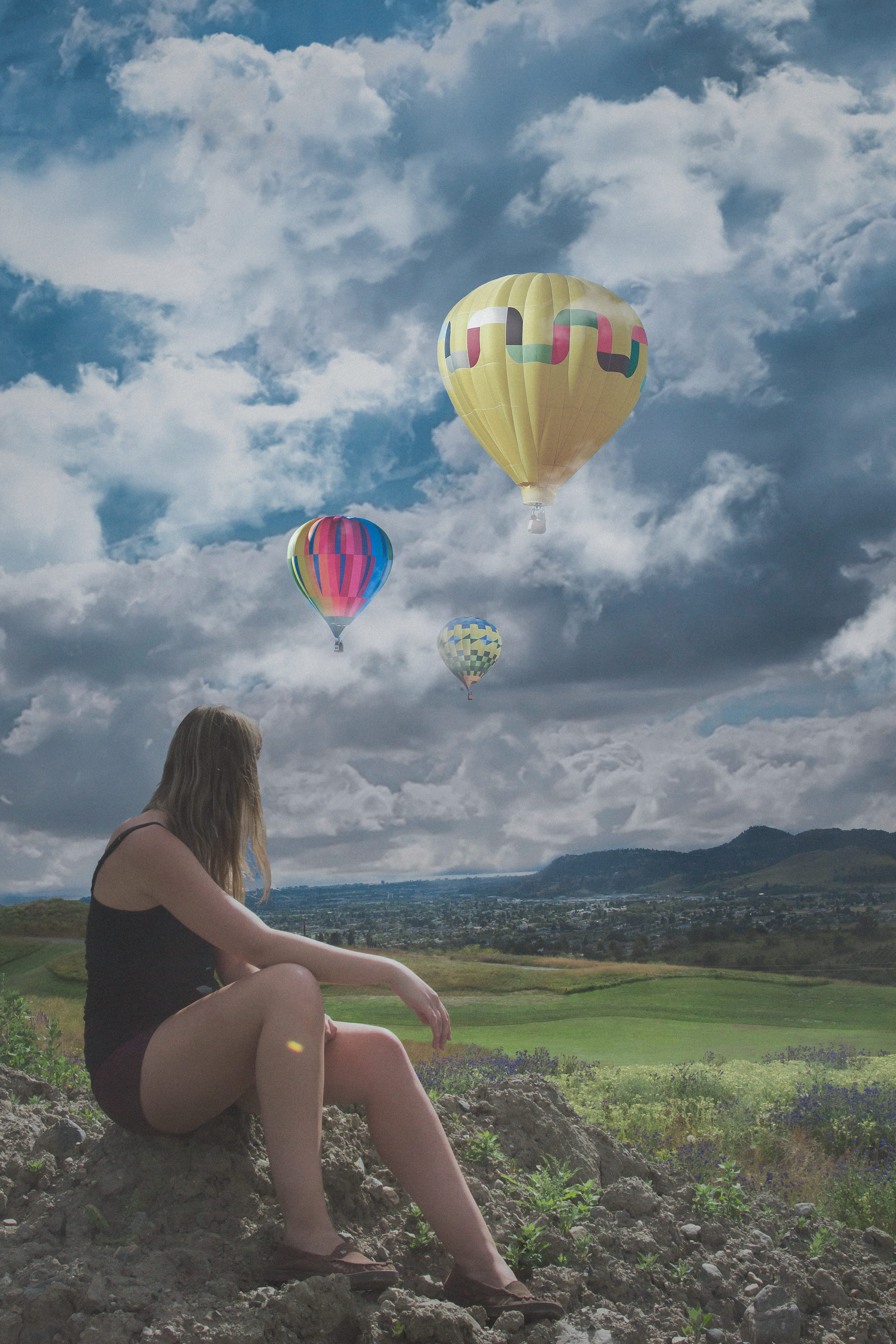 clouds, environment, lifestyles, lightroom, day, women, land, balloon, landscape, mid-air, beautiful, 5K, real people, girl, field, hotairballoon., photoshop, Phone HD Wallpaper