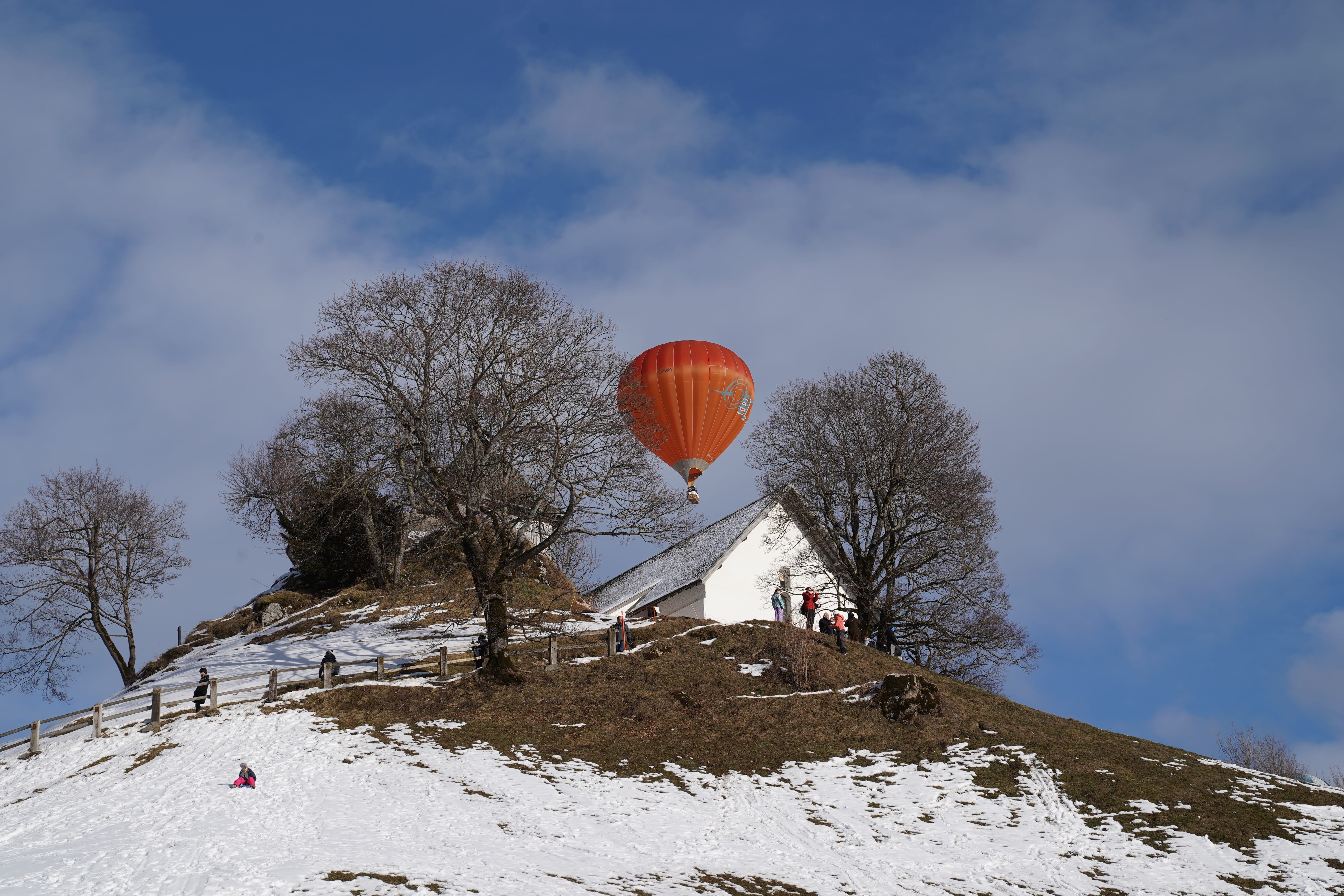 building, winter, hotairballoon, church, day, freshair, 5K, sky, airballoon, bare tree, nature, architecture, building exterior, mountain, cloud - sky, HD Wallpaper