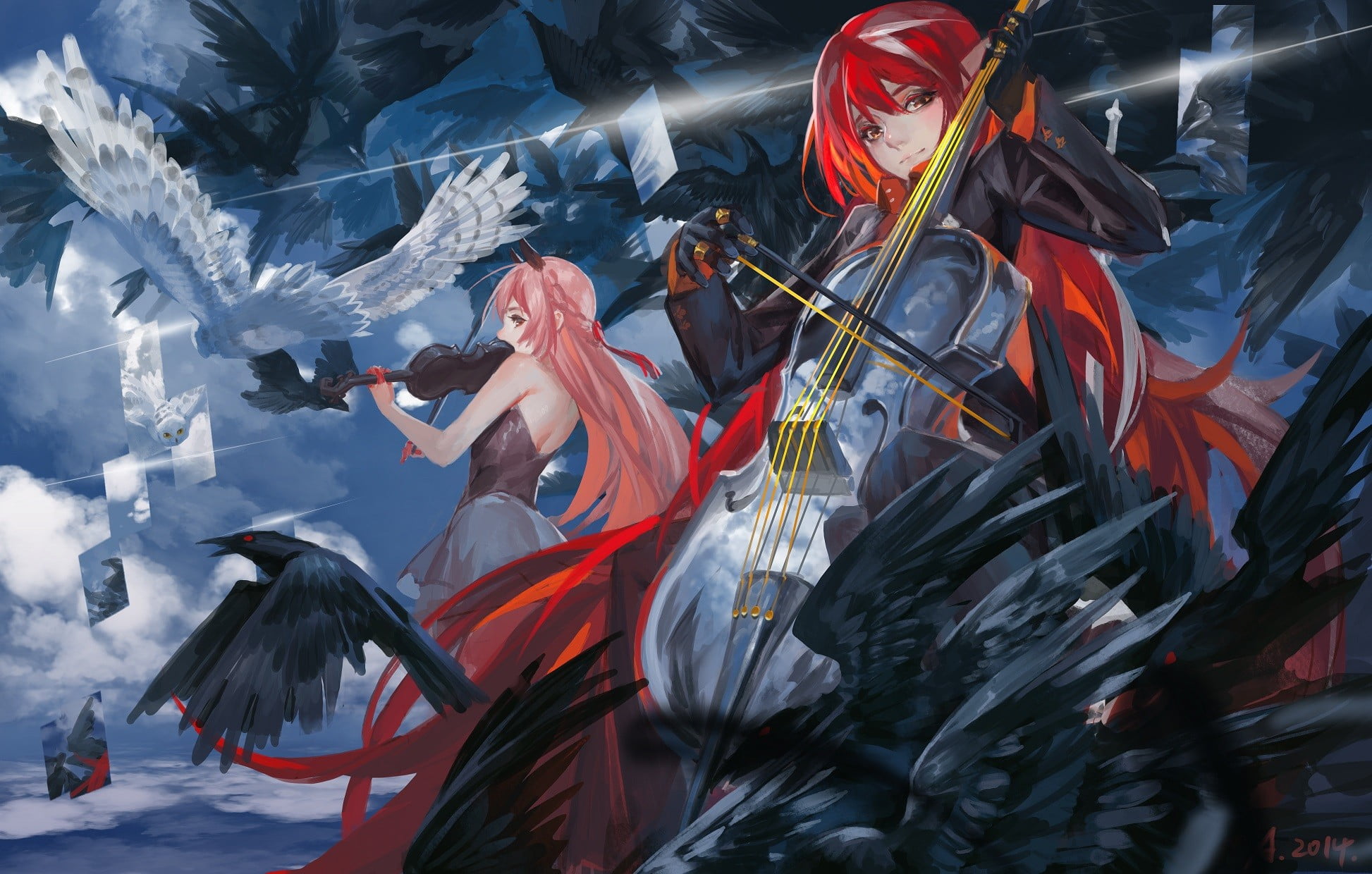 redhead, brown eyes, sky, motion, 1080P, lifestyles, birds, original characters, leisure activity, Pixiv Fantasia, crow, violin, cello, anime, nature, HD Wallpaper