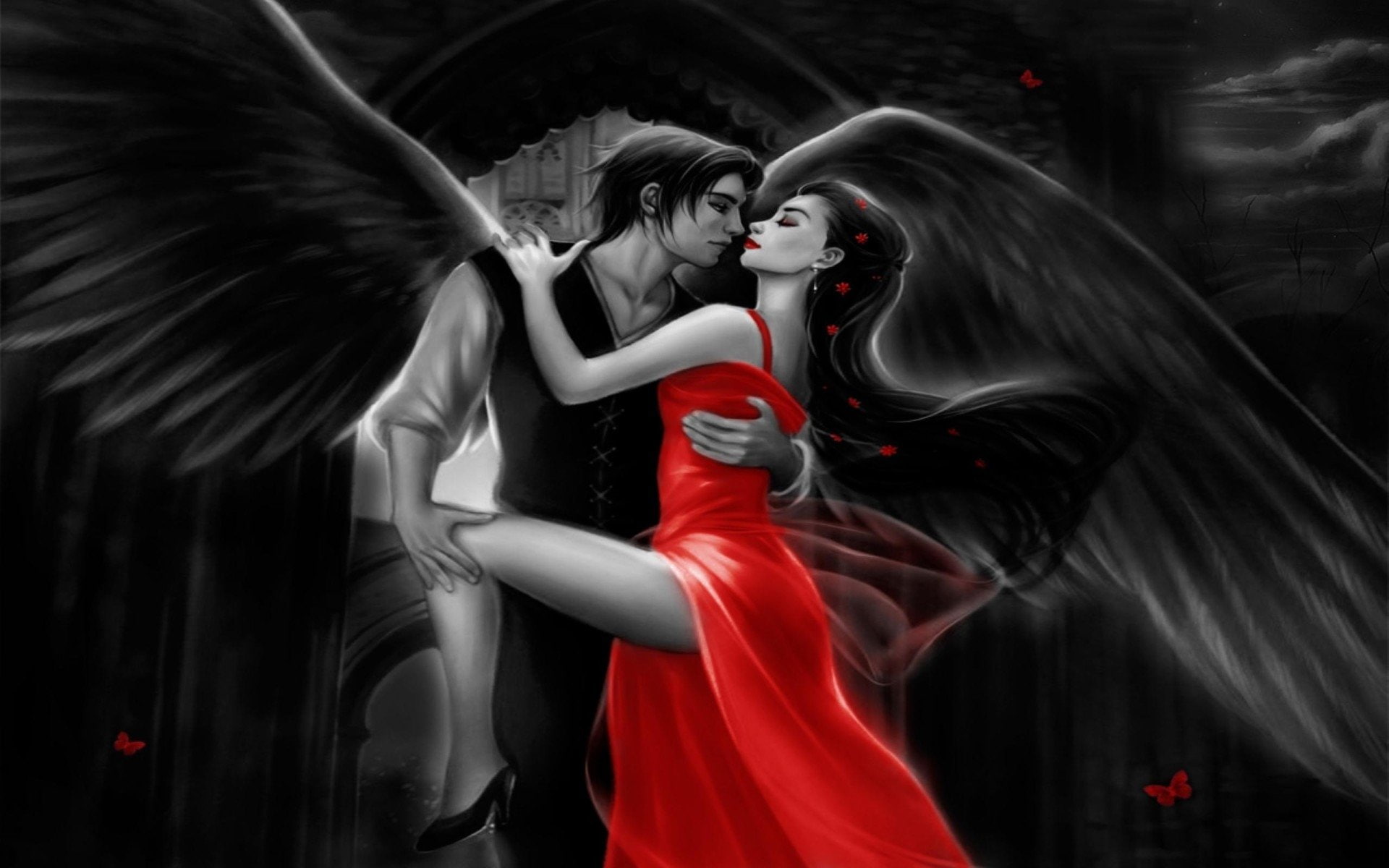 Dancing, people, fashion, Romantic, positive emotion, hairstyle, Angel, females, 1080P, couple - relationship, beautiful woman, aggression, Red Dress, HD Wallpaper