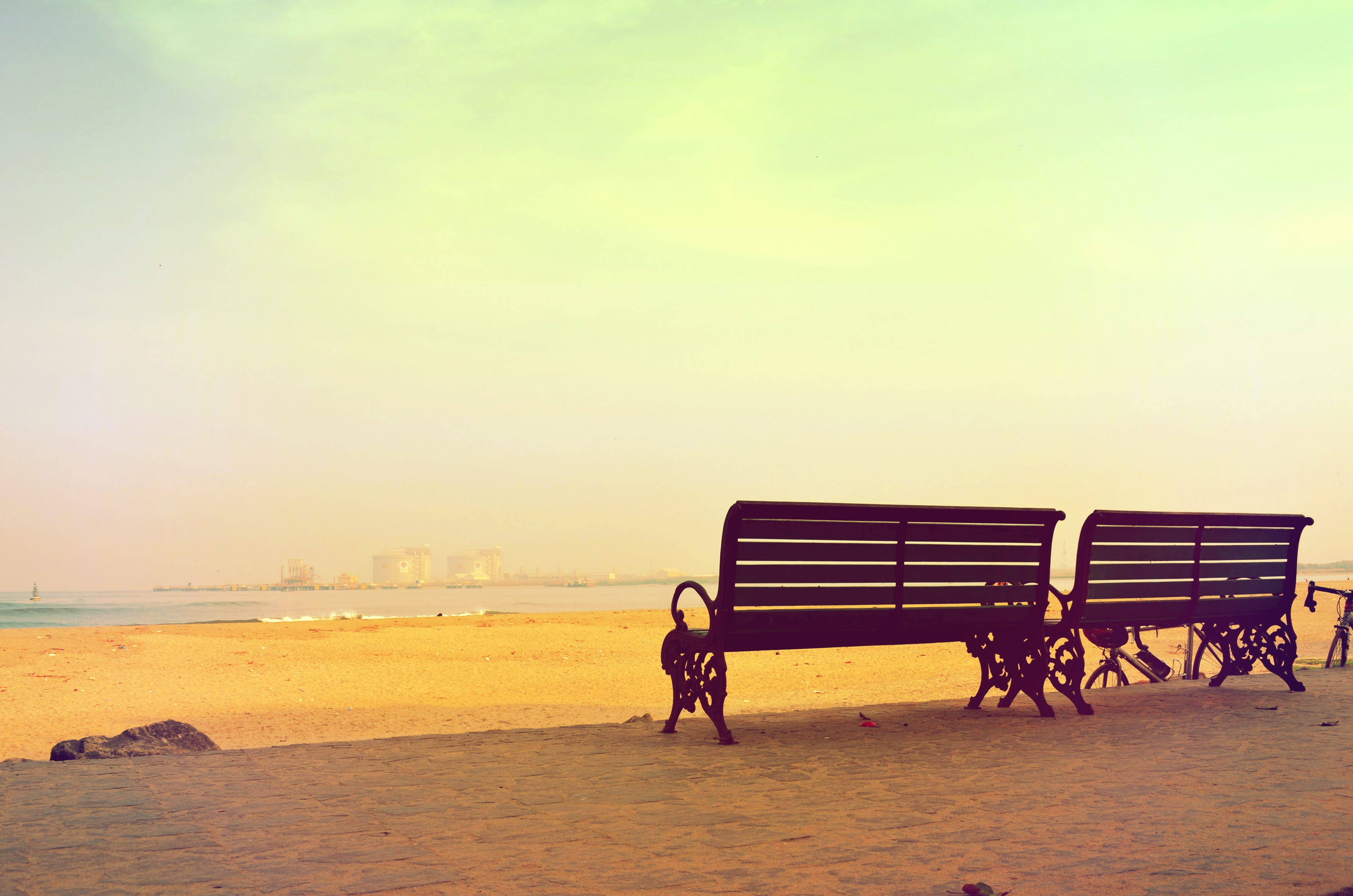 2K, bench, domestic animals, sea, animal, sky, land, horizon, horse, water, coastline, horizon over water, one animal, benches, outdoors, nature, herbivorous, HD Wallpaper