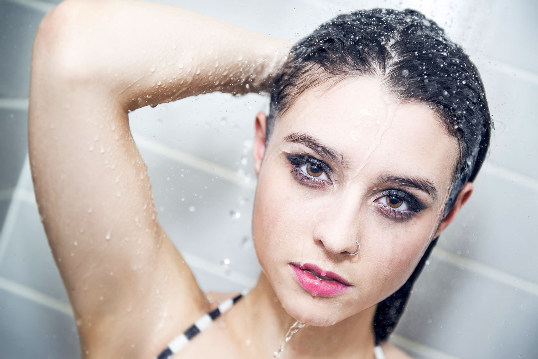 white background, wet hair, 1080P, portrait, face, women, nose, shower, HD Wallpaper