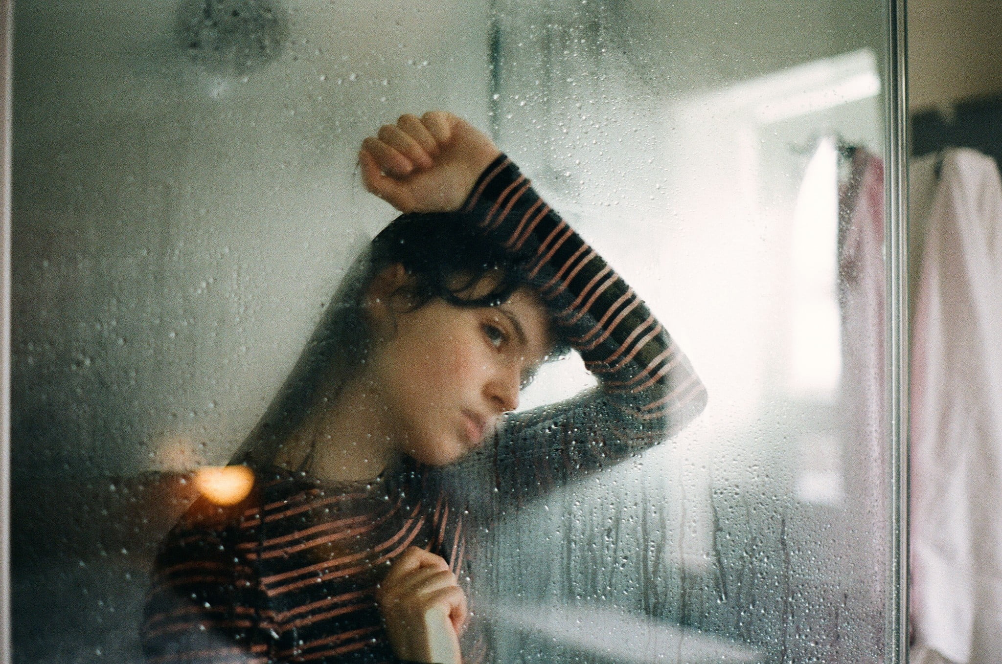 shower, lifestyles, contemplation, reflection, 1080P, portrait, rain, one person, real people, young adult, glass, Jesse Herzog, sweater, glass - material, HD Wallpaper