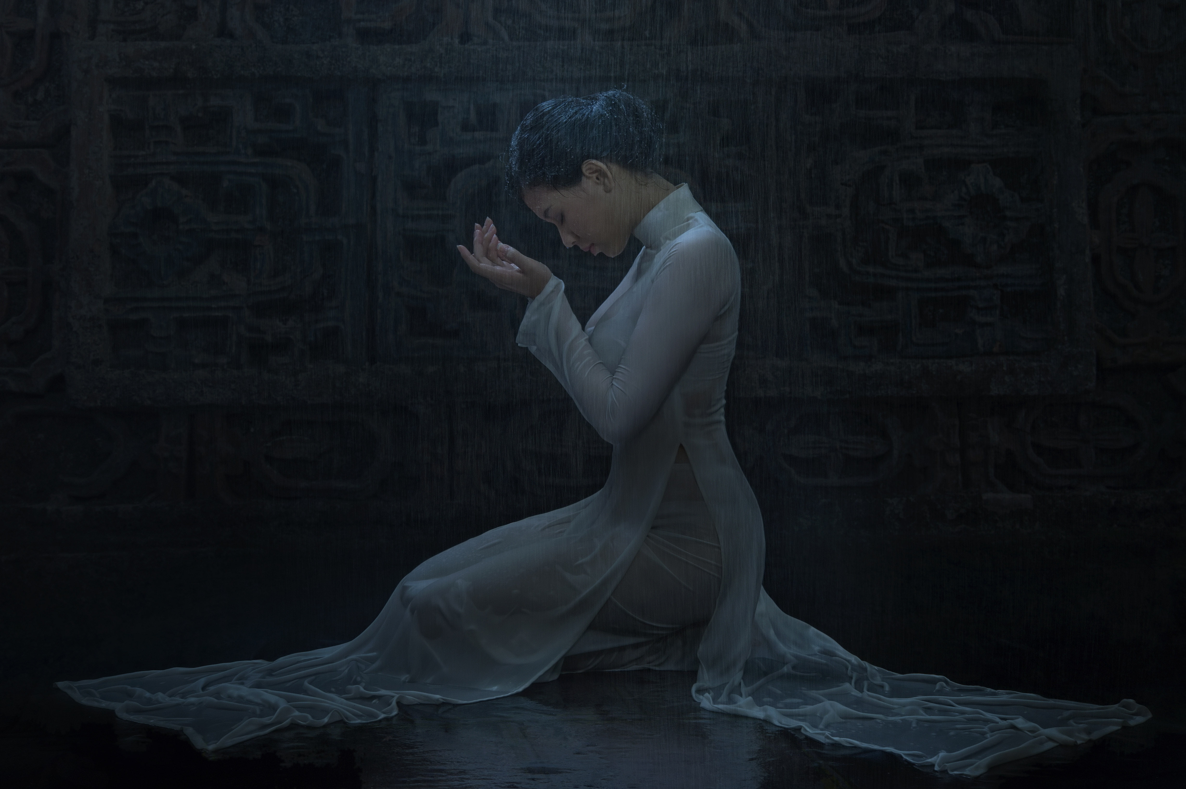 art, girl, treatment, mood, hem, darkness, wet, twilight, wall, the shower, hands, rain, model, brunette, white, pose, 4K, dress, sitting, Asian, HD Wallpaper