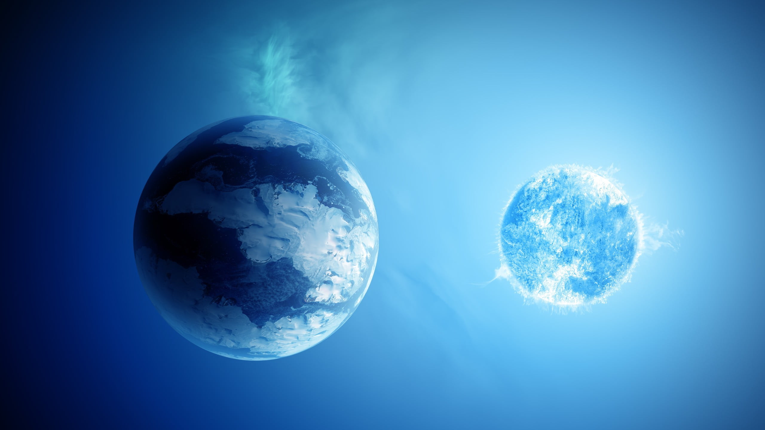artwork, planets, two, shape, water, mid-air, sea, blue background, globe - man made object, planet - space, colored background, geometric shape, outdoors, HD Wallpaper