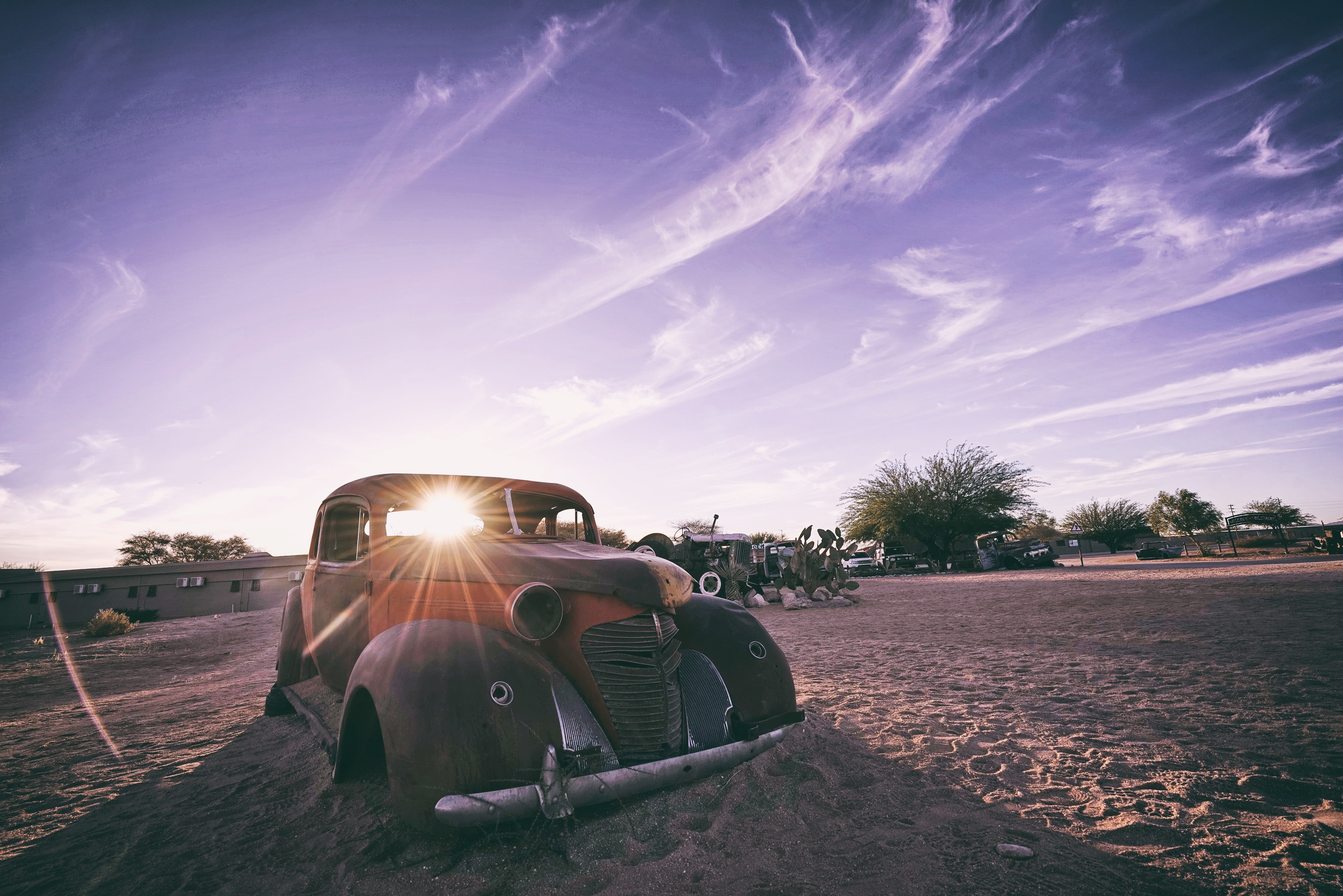 outdoor, trip, cloud - sky, white, sunbeam, transportation, cloudy, tires, day, sky, plant, sitting, land, tree, classic, nature, adult, auto, sandy, area, HD Wallpaper