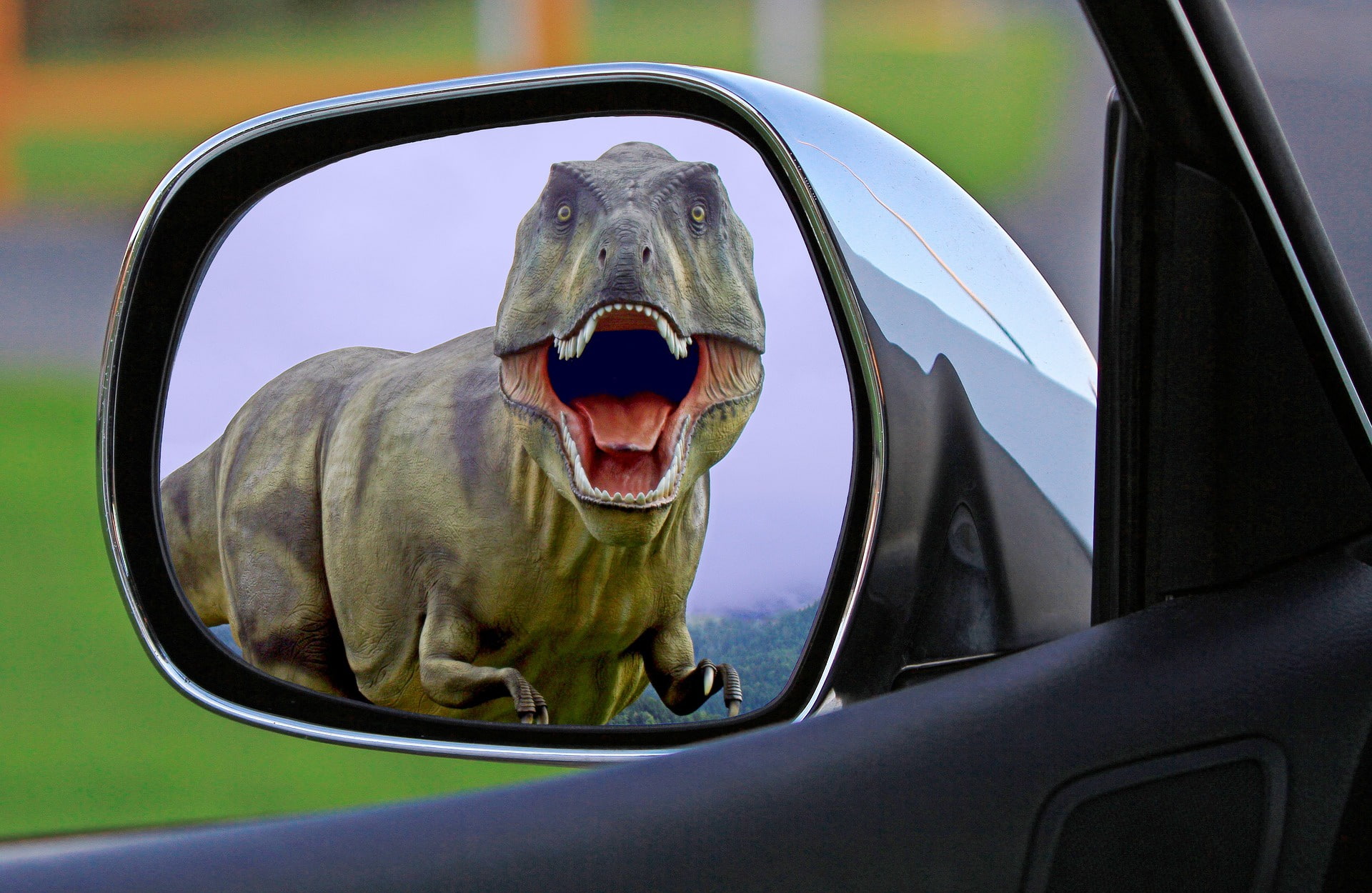 auto, 1080P, in the mirror, predator, dinosaur, horror, Jurassic Park, T-Rex, mouth, HD Wallpaper