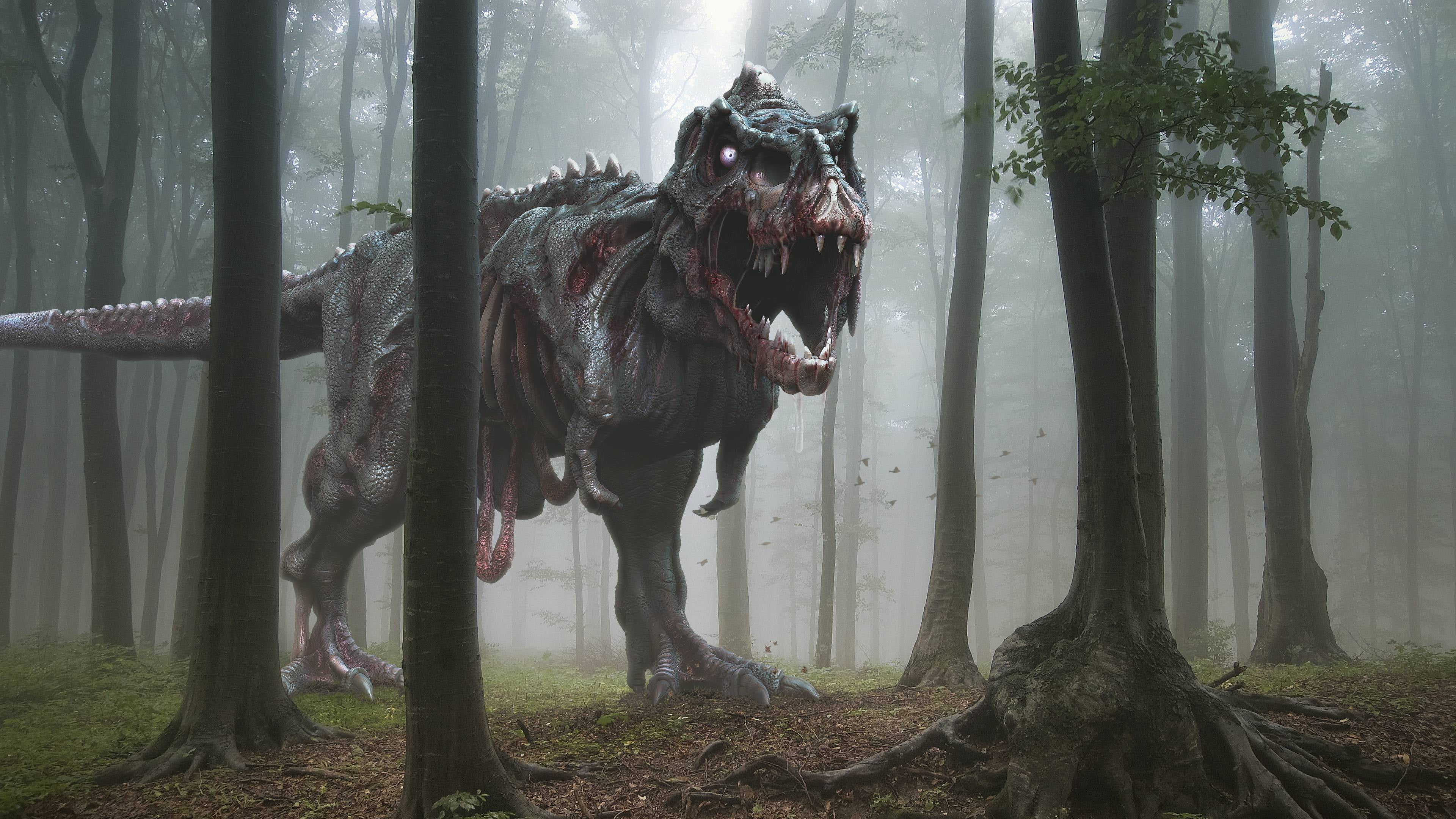 forest, mouth, one animal, Dinosaur, tree, day, trunk, outdoors, illustration, plant, mouth open, nature, zombies, large, vertebrate, tree trunk, land, HD Wallpaper