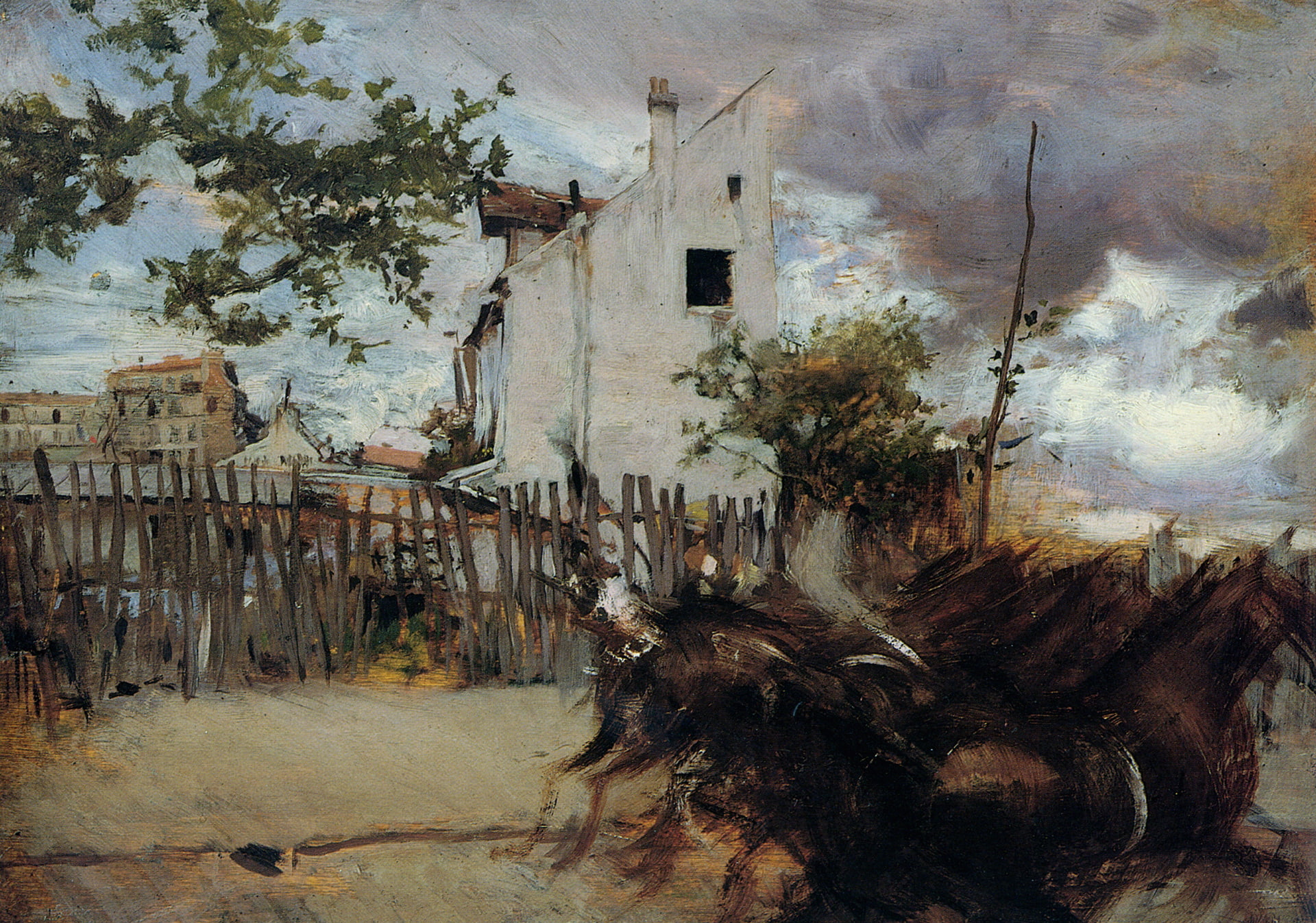 house, the fence, Giovanni Boldini, 1080P, The Outskirts Of Paris, picture, horse, HD Wallpaper
