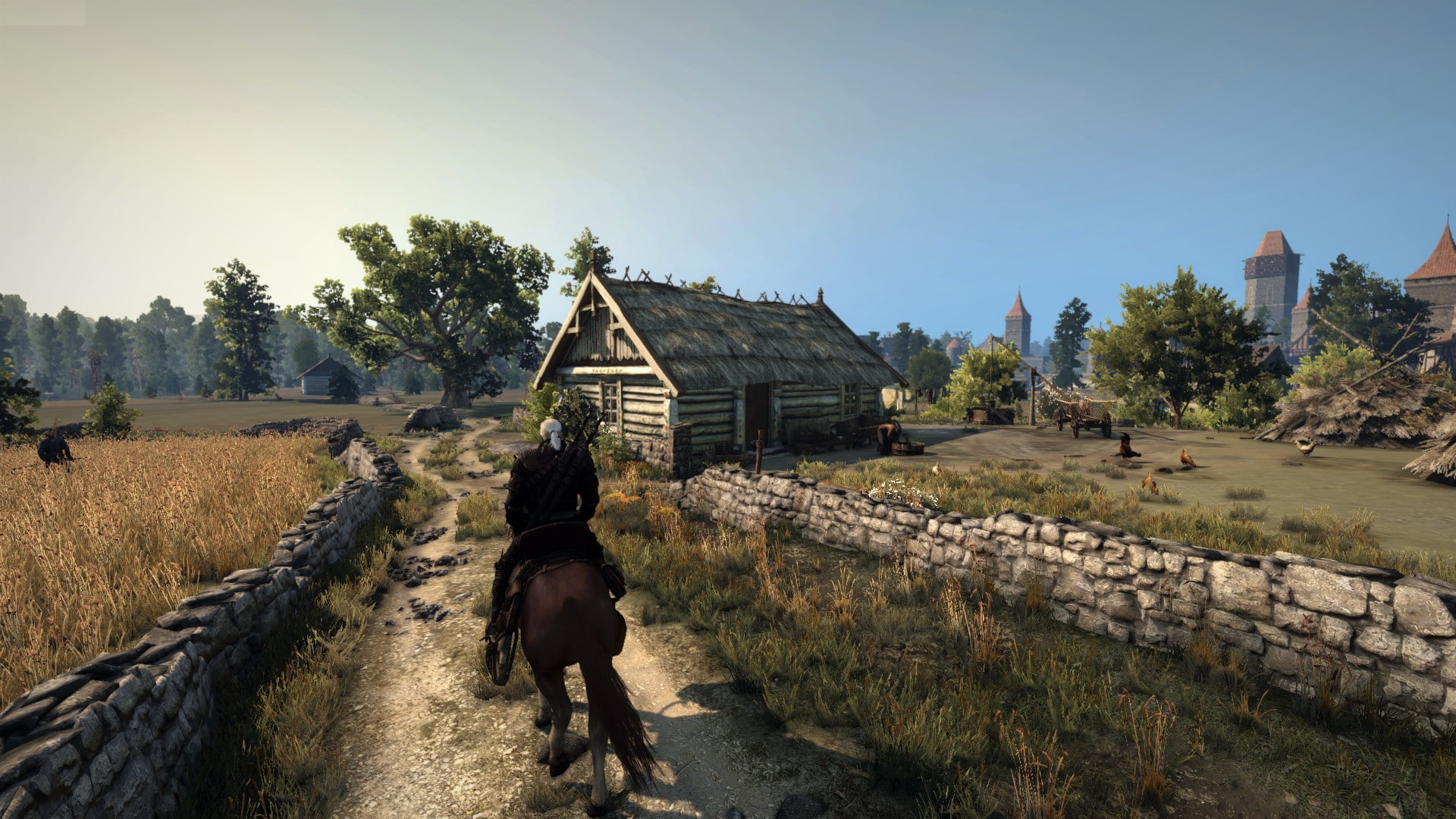 one person, sunlight, field, real people, plant, walking, built structure, 1080P, tree, architecture, village, outdoors, sky, The Witcher 3: Wild Hunt, HD Wallpaper