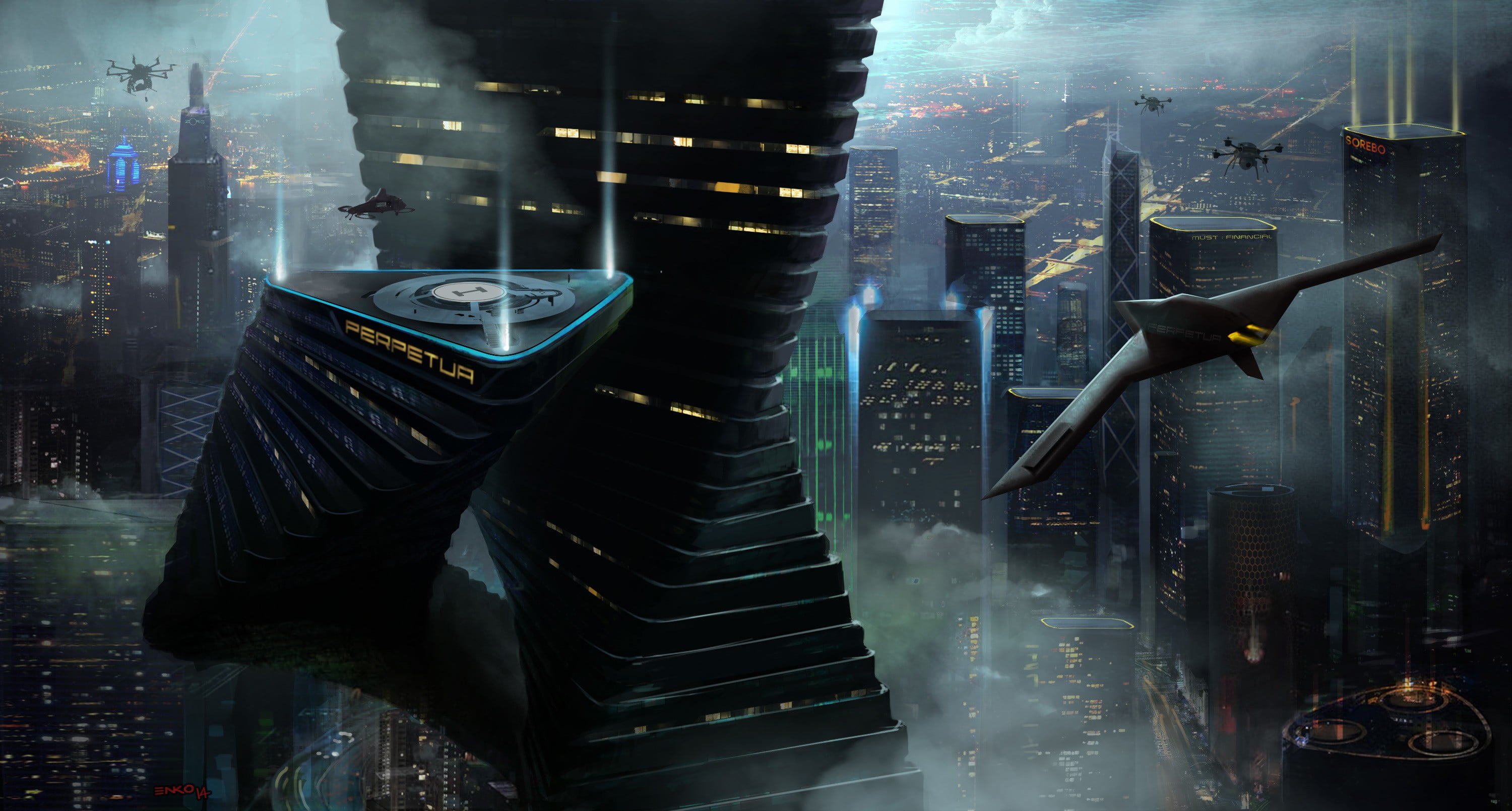 drawing, digital composite, ideas, tower, water, 2K, businessman, architecture, drone, glass - material, futuristic, no people, communication, building exterior, HD Wallpaper