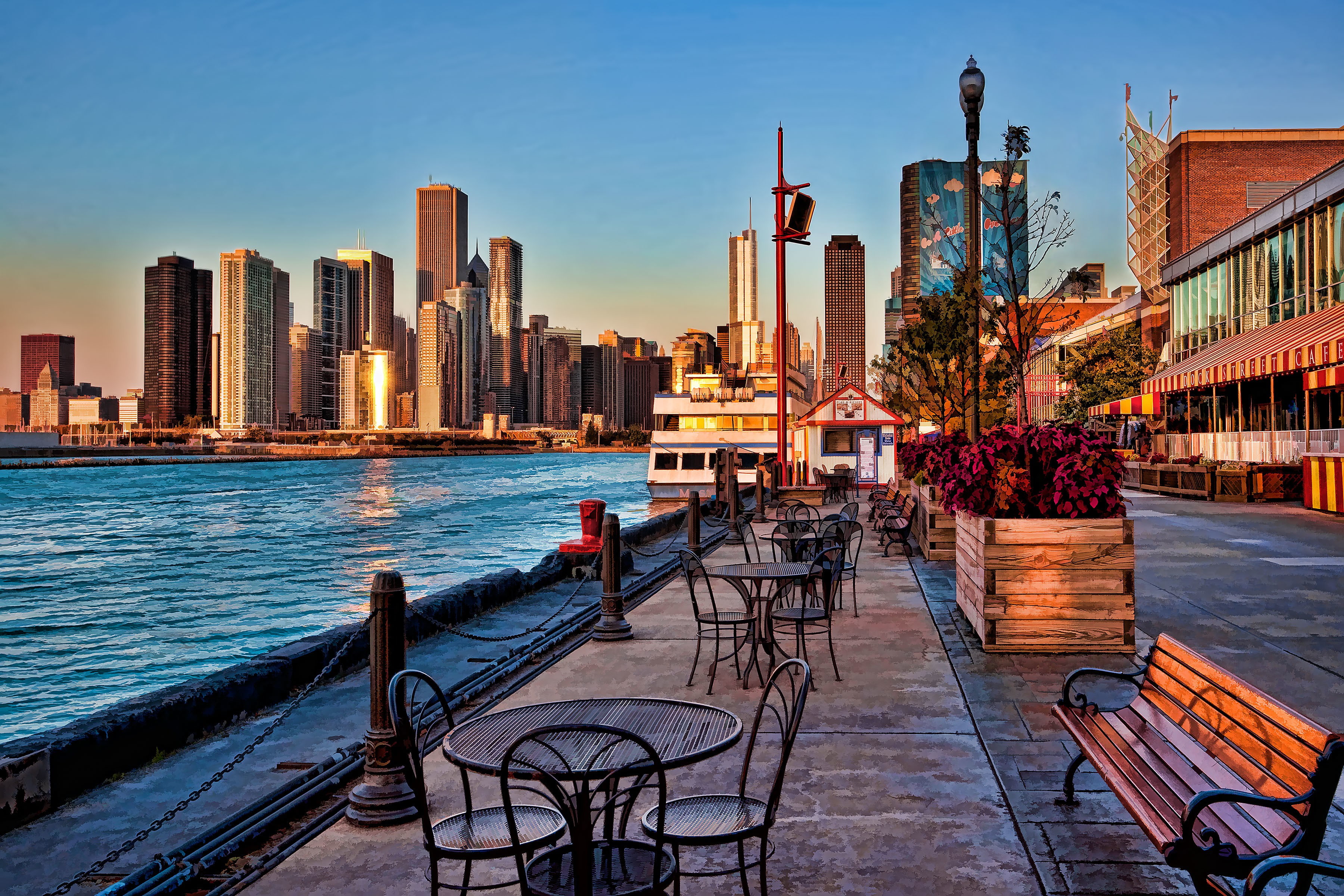 pier, 2K, Bay, skyscraper, table, USA, Chicago, Navy Pier, patio, bench, outdoor, steel, black, sset, navy, Dawn, home, HD Wallpaper