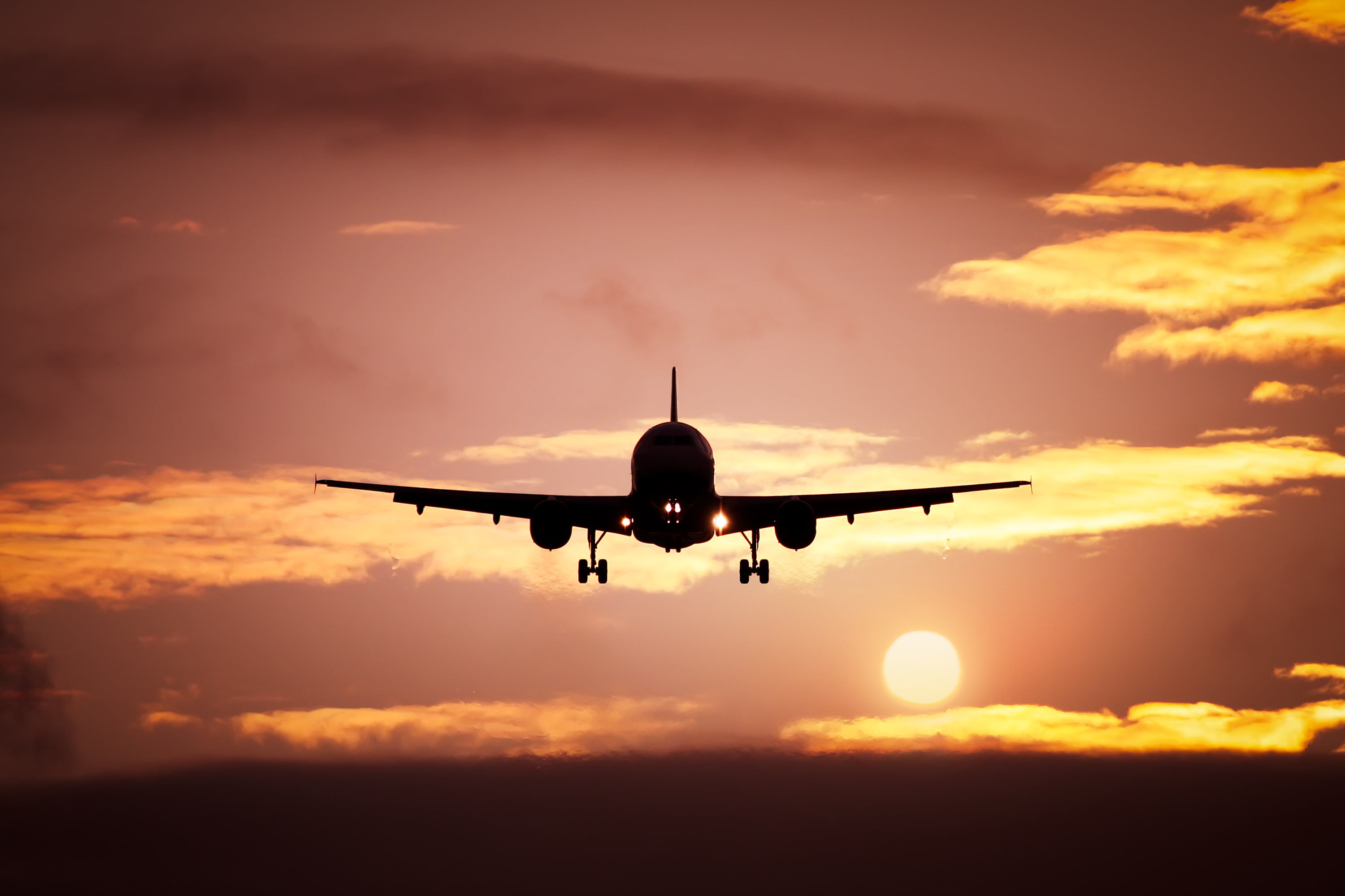 silhouette, airbus, nature, leaving, outdoors, sky, the evening, sunrise - Dawn, the plane, airplane, image, landing - Touching Down, sunset, dramatic sky, HD Wallpaper