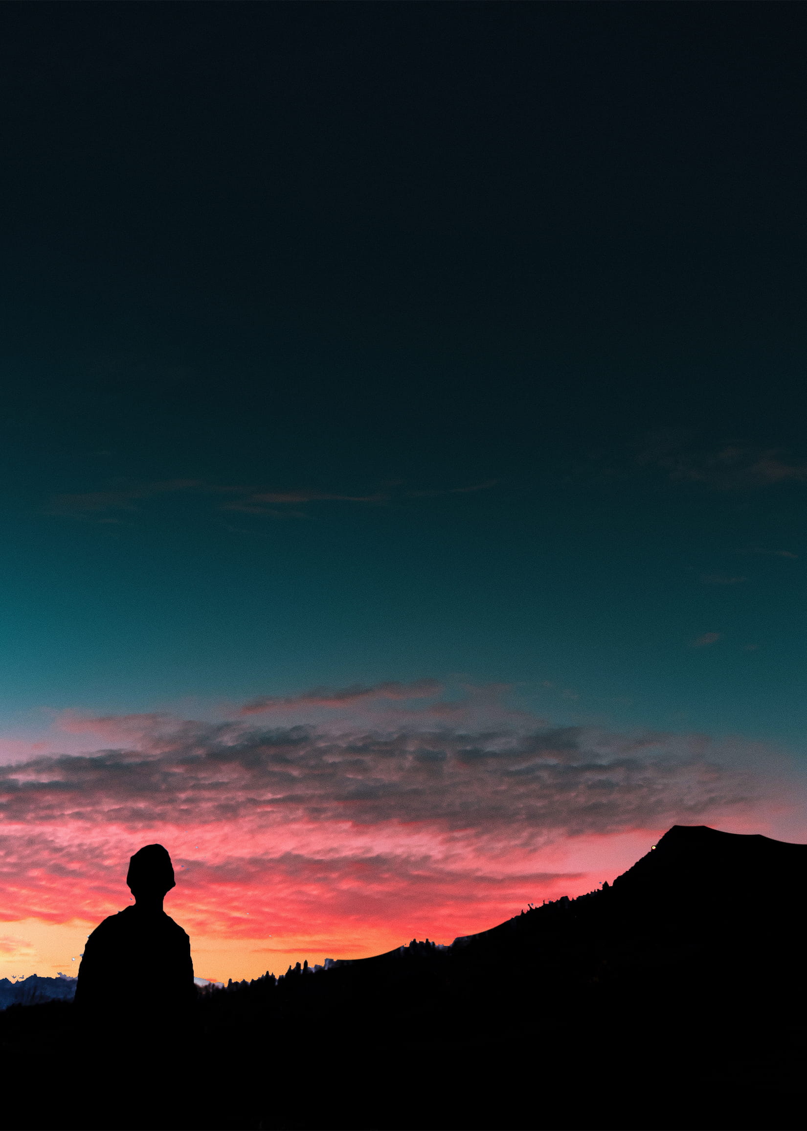 men, people, orange color, scenics - nature, silhouette, idyllic, cloud, sky, standing, copy space, looking at view, 1080P, lightbeam, inspiration, tranquility, Phone HD Wallpaper