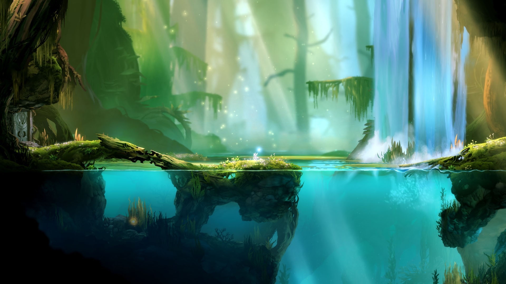 turquoise colored, flowing water, non-urban scene, day, reflection, tranquil scene, anime digital art video games water trees underwater sunlight rock mist fantasy art swamp split view roots forest ori and the blind forest waterfall, HD Wallpaper