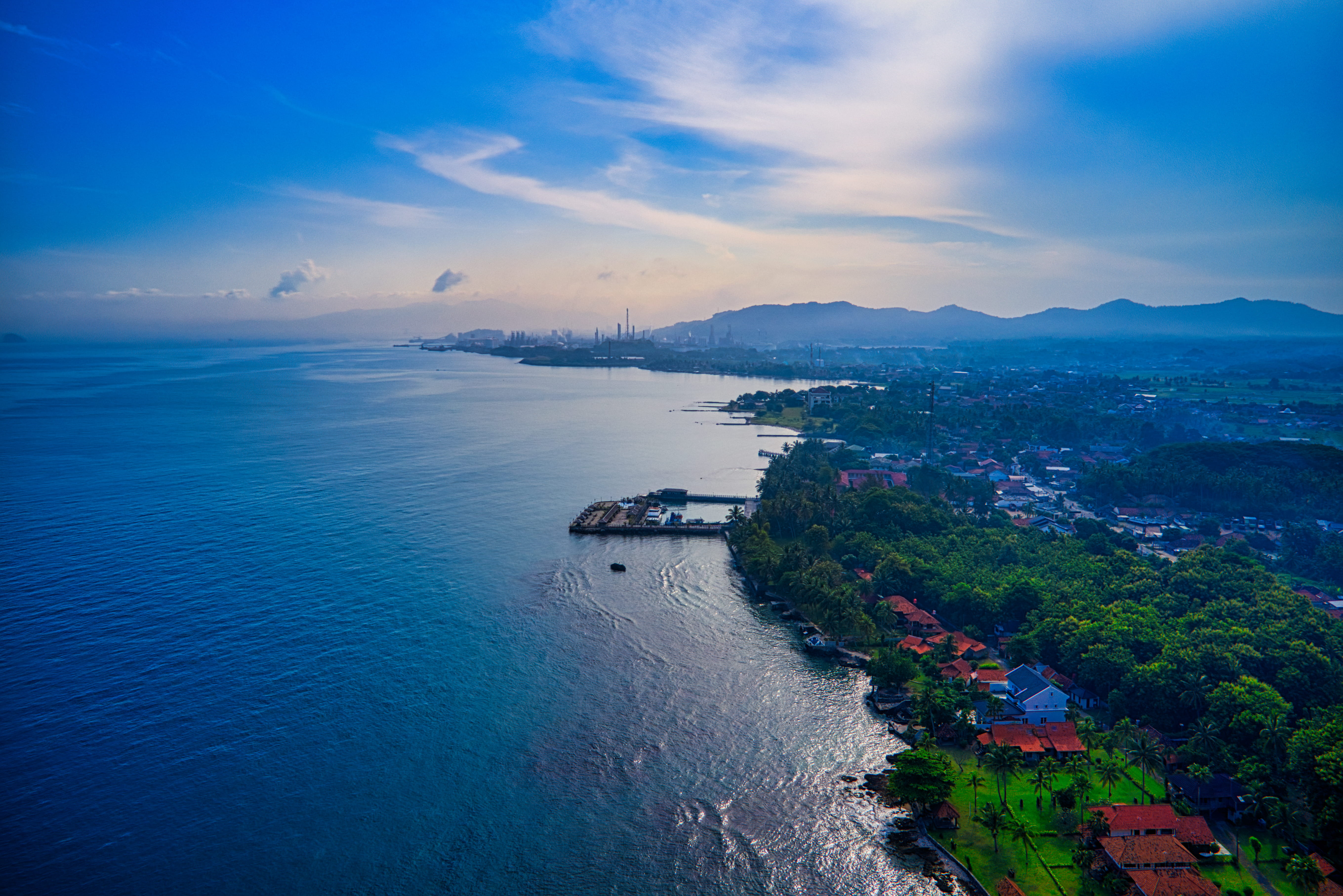 drone shot, scenics - nature, transportation, island, seascape, land, high angle shot, town, trees, outdoors, landscape, architecture, ocean, clouds, mode of transportation, HD Wallpaper
