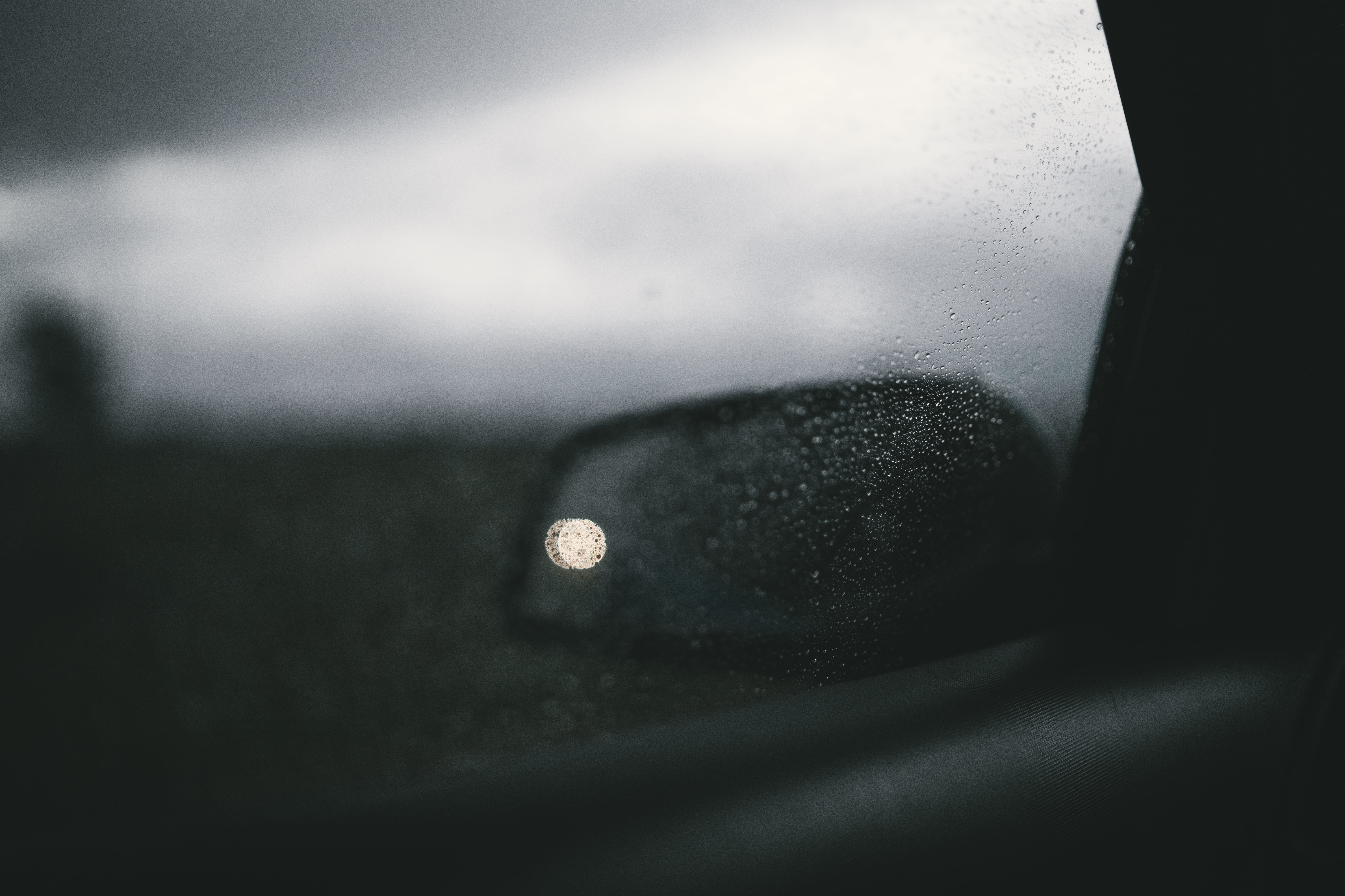 sky, thunder, drop, car, cold - Temperature, mirror, black and white, depth of field, cloud, wet, storm, close-up, glass - Material, reflection, light, HD Wallpaper