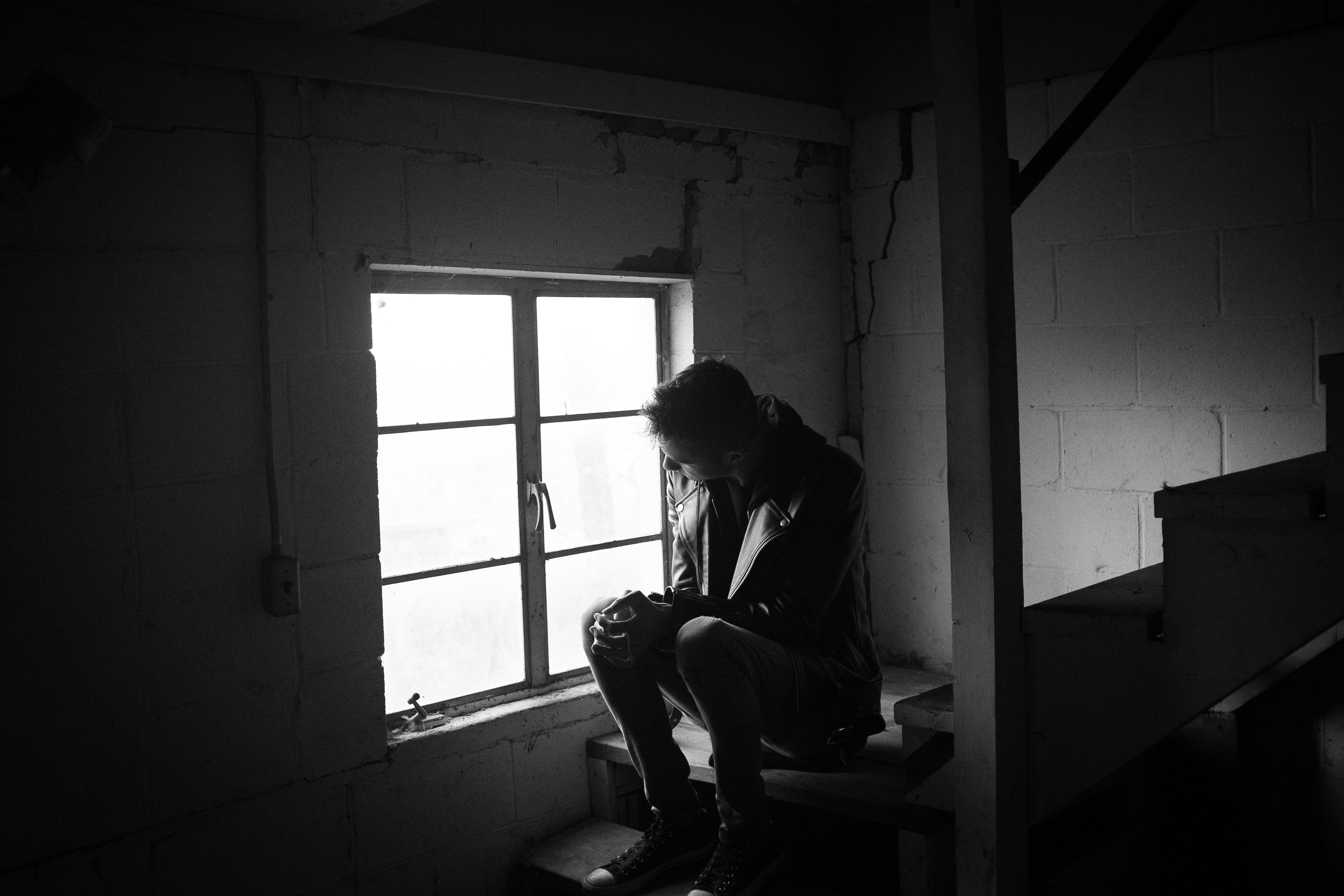 depression - sadness, building, day, teenager, one person, fayetteville, built structure, contemplation, indoors, edgy, sitting, natural light, side view, HD Wallpaper