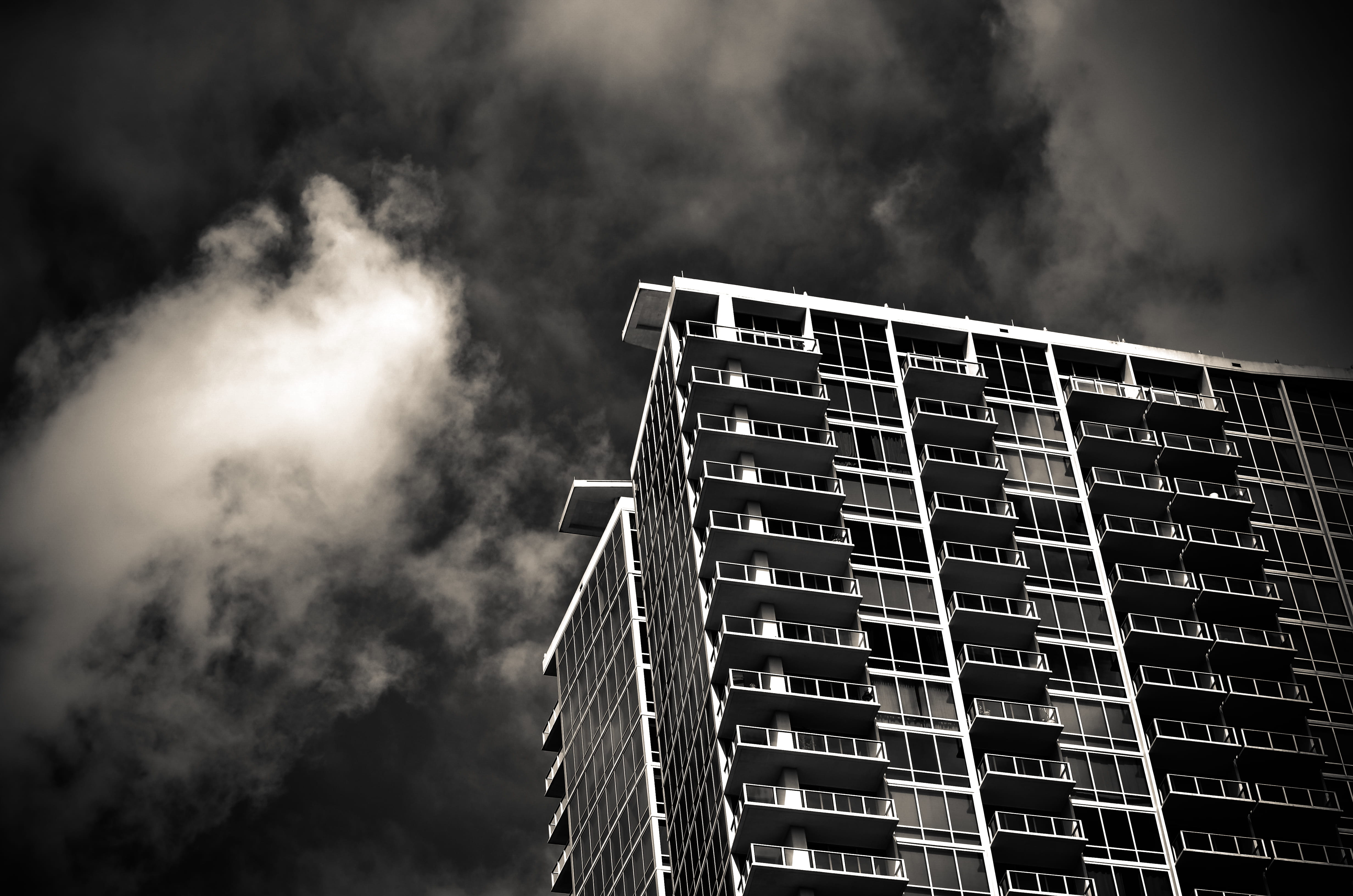 united states, building exterior, storm clouds, tower, grayscale, nature, apartment, built structure, photography, industry, pollution, window, sky, dramatic, HD Wallpaper