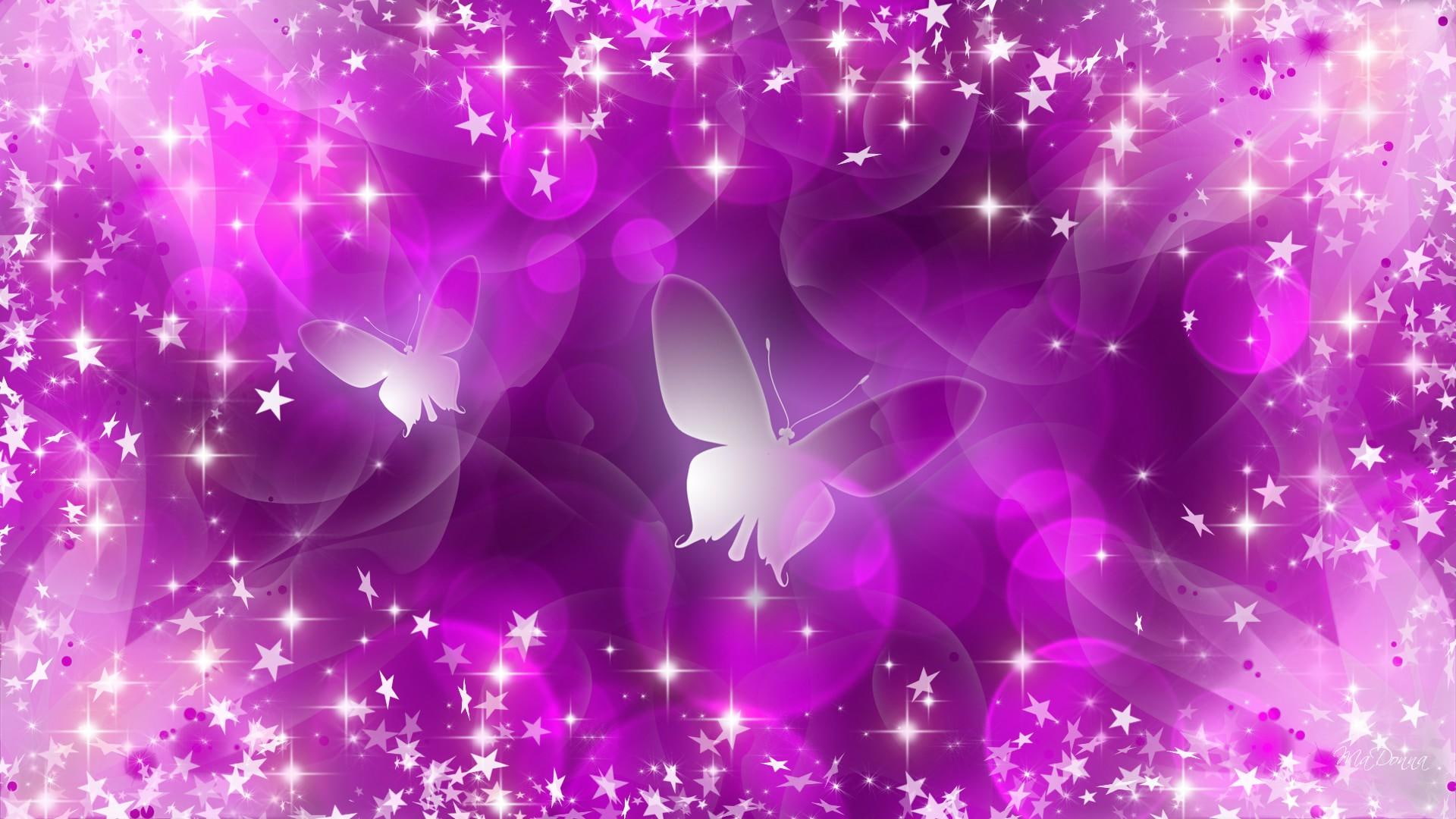 stars, firefox persona, 1080P, shadwo, neon, butterflies, wishes, 3d and abstract, pink, bright, transparent, HD Wallpaper
