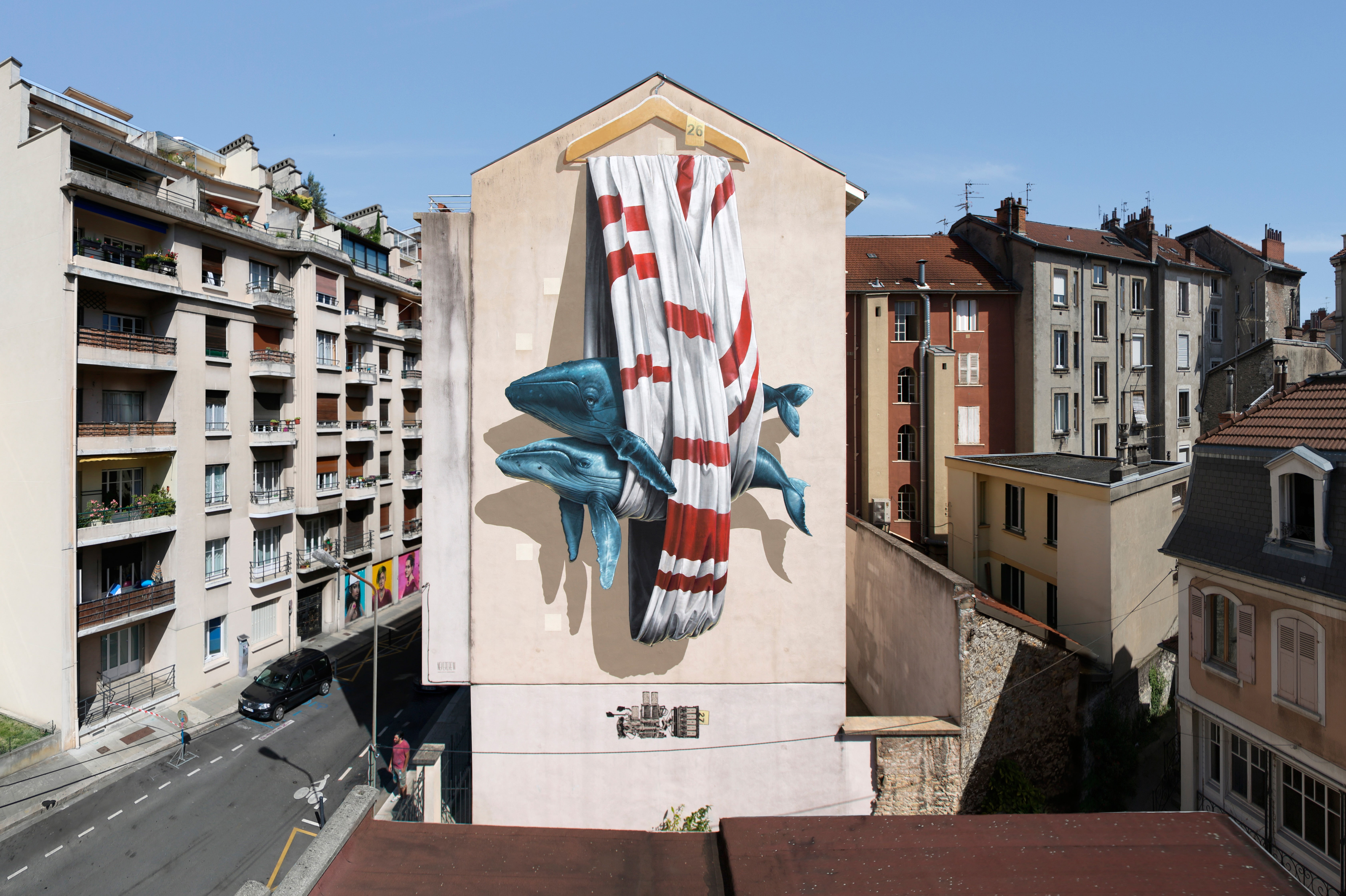 street art, 5K, street, cityscape, France, rooftops, house, city, mural, graffiti, urban, Grenoble, whale, animals, building, HD Wallpaper