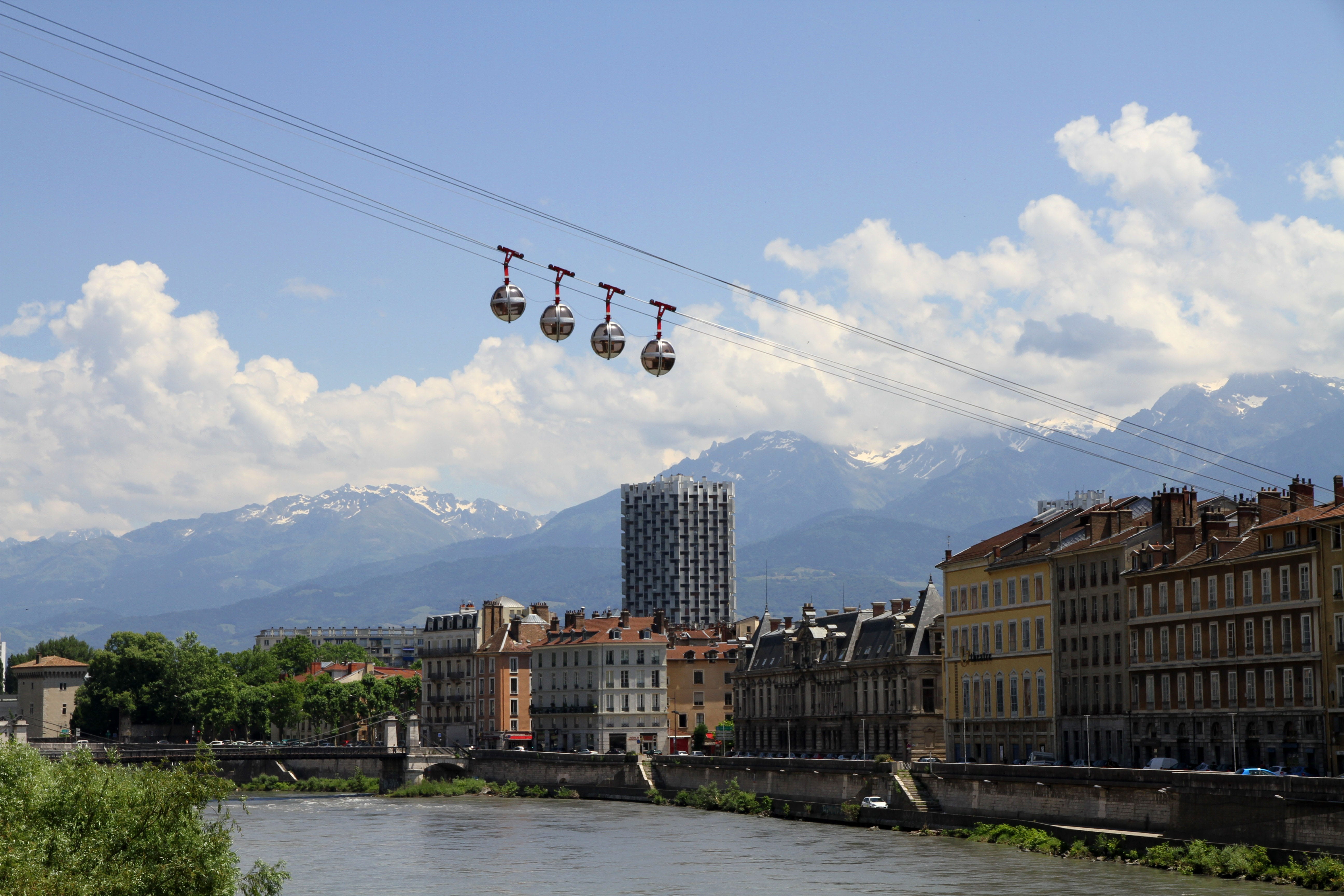 tree, near, river, day, clouds, cable car, isère, cable, sky, buildings, no people, outdoors, mode of transportation, body, water, architecture, travel destinations, HD Wallpaper