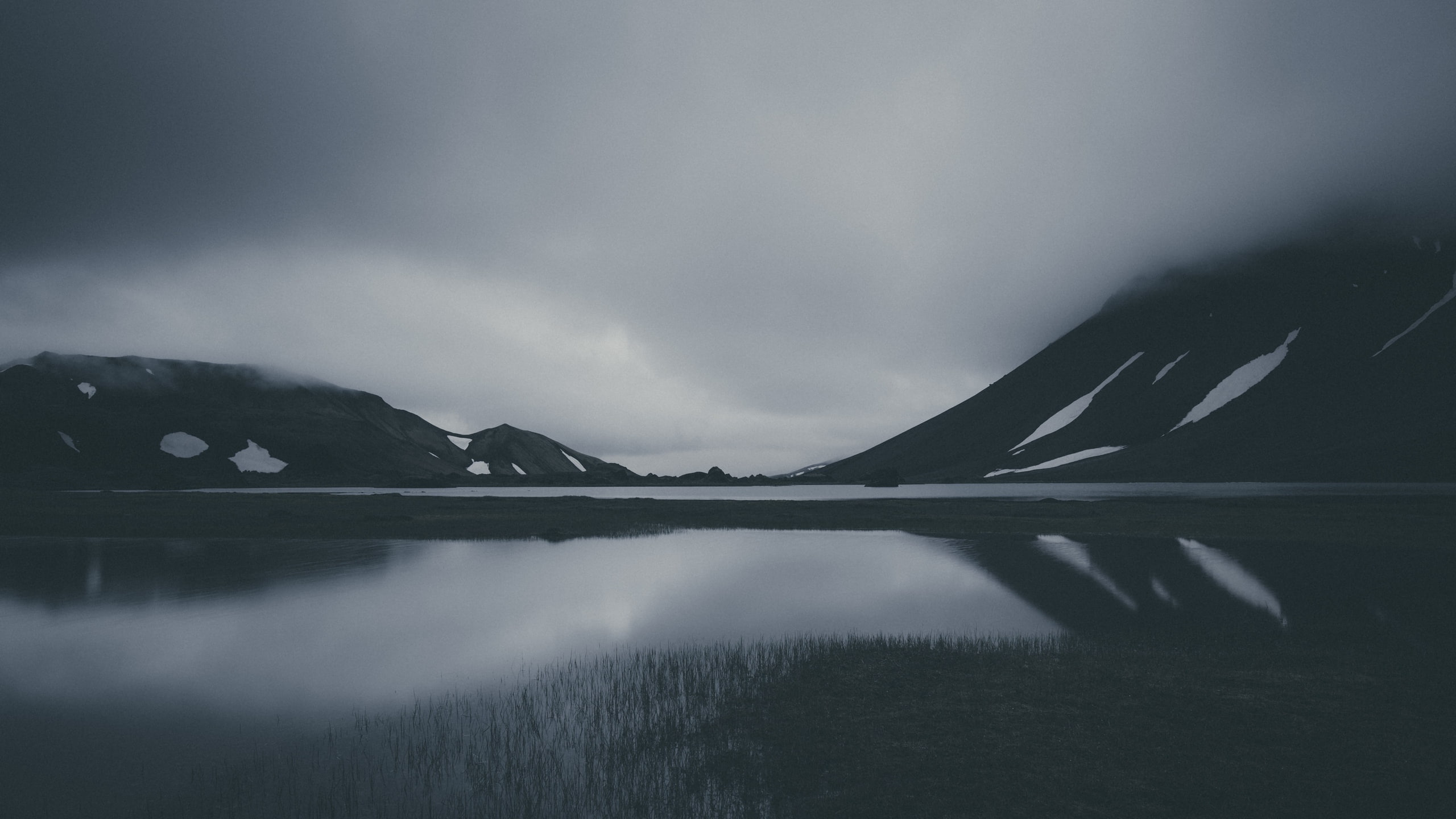 overcast, filter, snow, gloomy, landscape, gray, calm waters, 2K, clouds, mountains, lake, dark, HD Wallpaper
