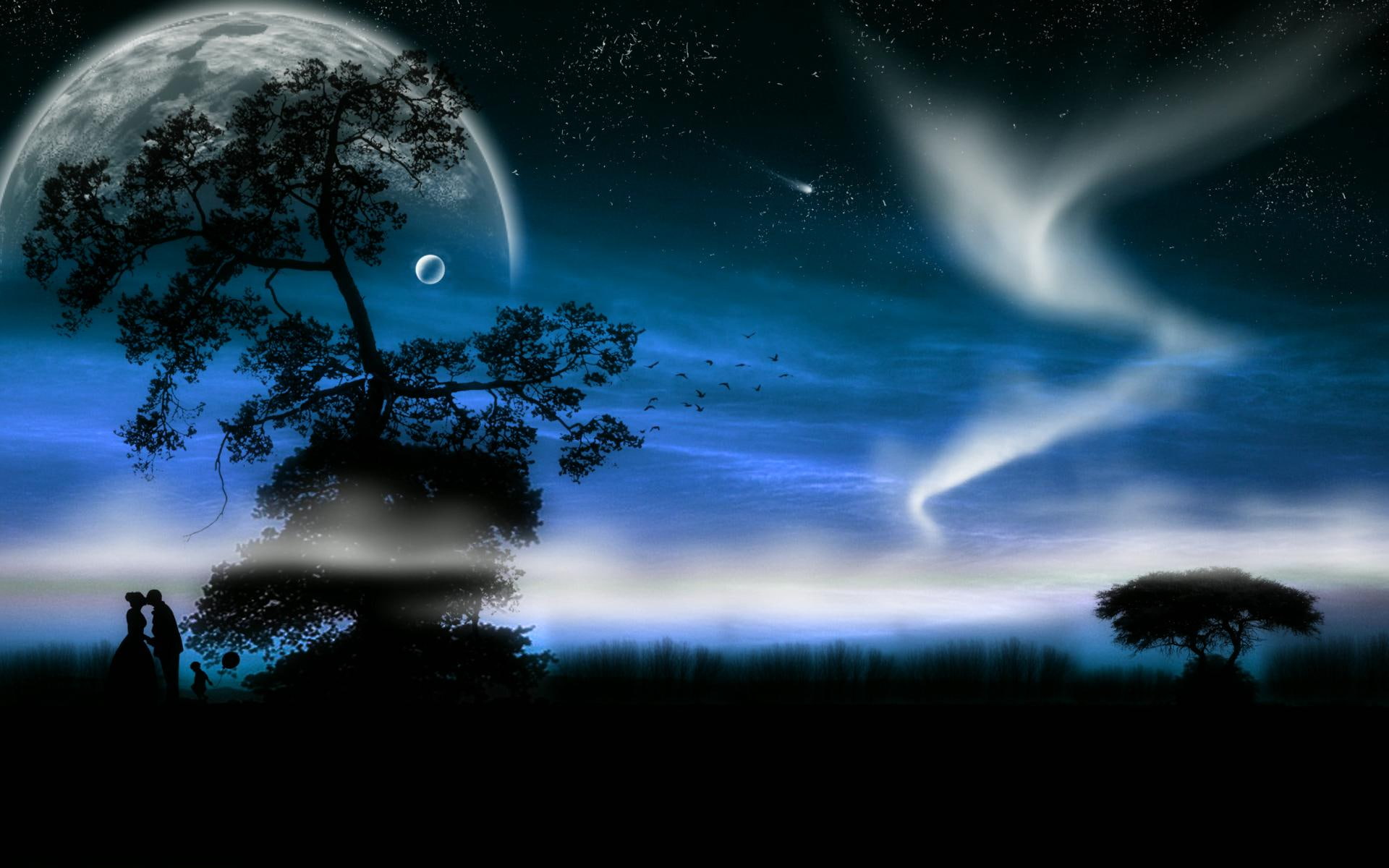 moon, blue, 1080P, abstract, fantasy, liquitech, a perfect end, end, dark, perfect, tree, 3d and abstract, HD Wallpaper