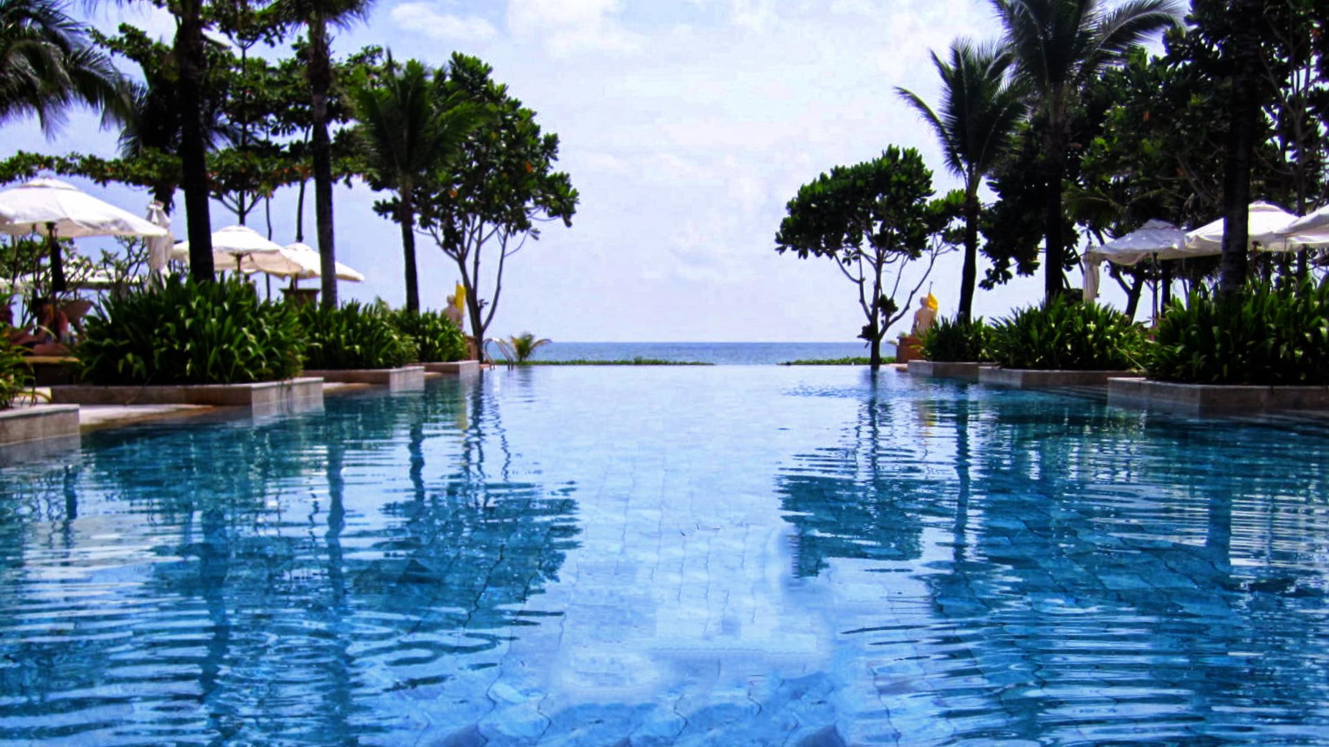 photography, beach, palm trees, paradise, 1080P, ocean, perfect, view, blue, pool, photoshop, beautiful, water, HD Wallpaper