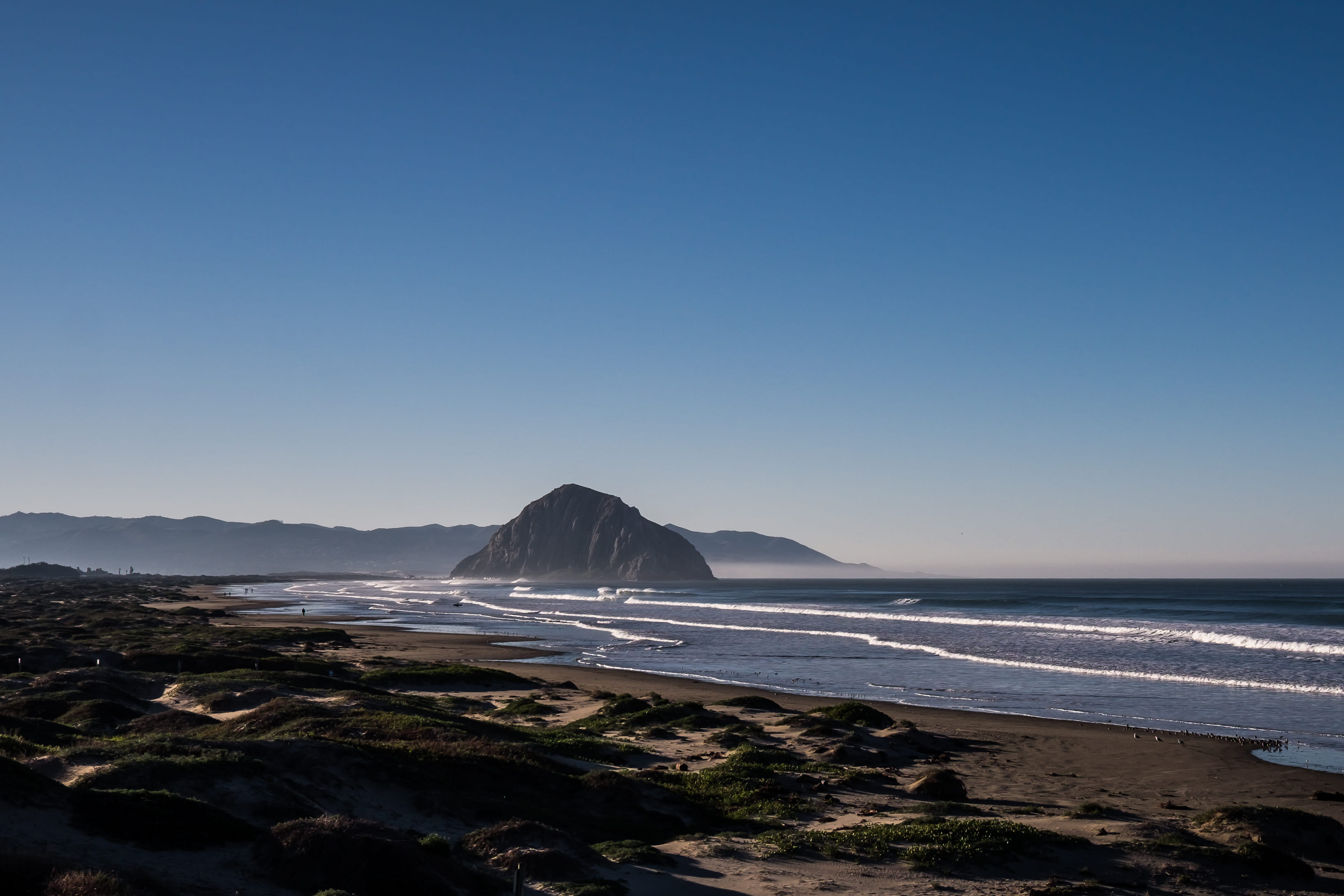 water, central california, morro rock, sand, mountains, scenics - nature, beauty in nature, morro bay, non-urban scene, coast, sky, clear sky, fuji x-t1, HD Wallpaper