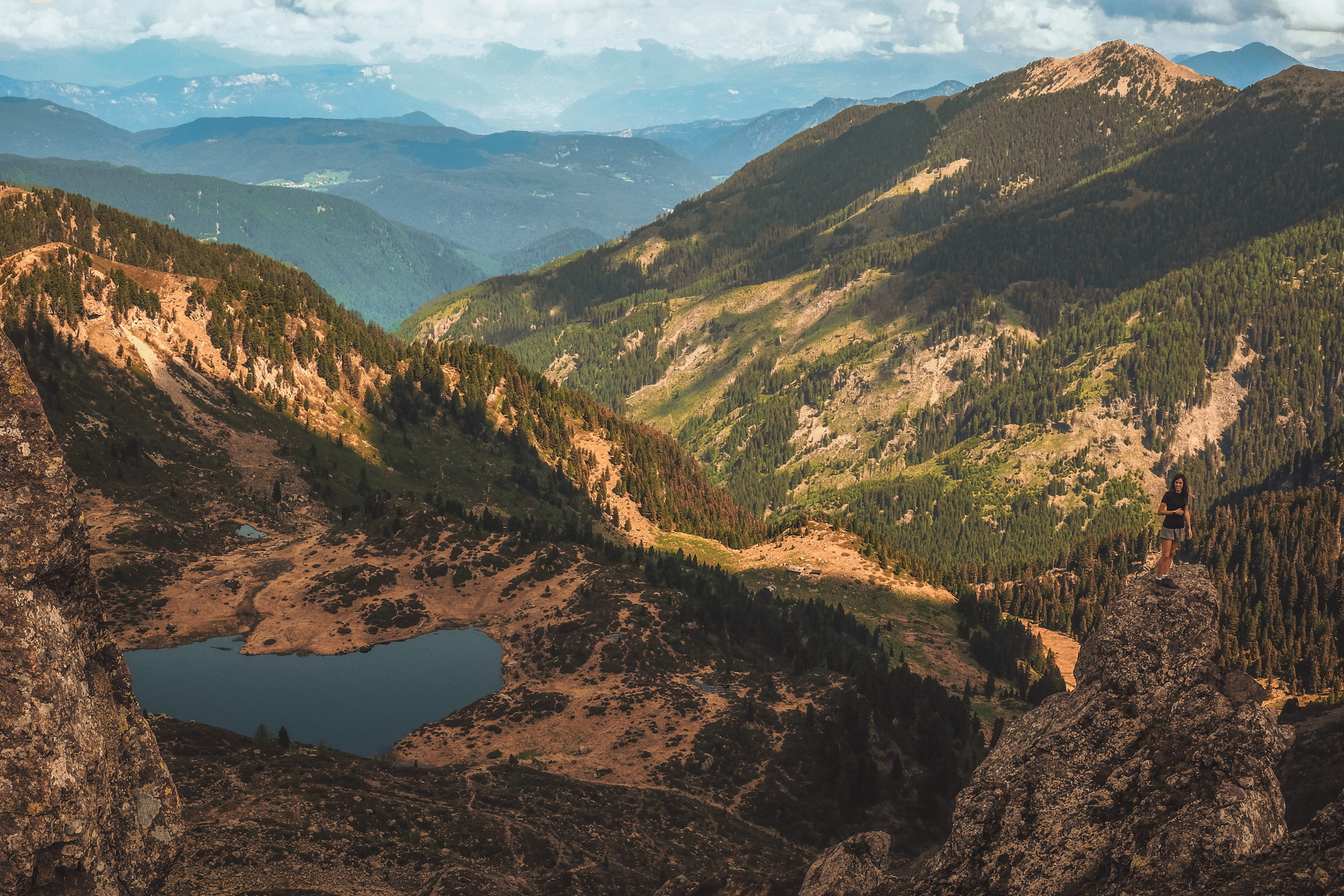 lake, eye, tree, mountain peak, s, nature, bird, beauty in nature, sunlight, green, surrounded, scenics - nature, cloudy, remote, cloud, valley, rock, mountain, HD Wallpaper