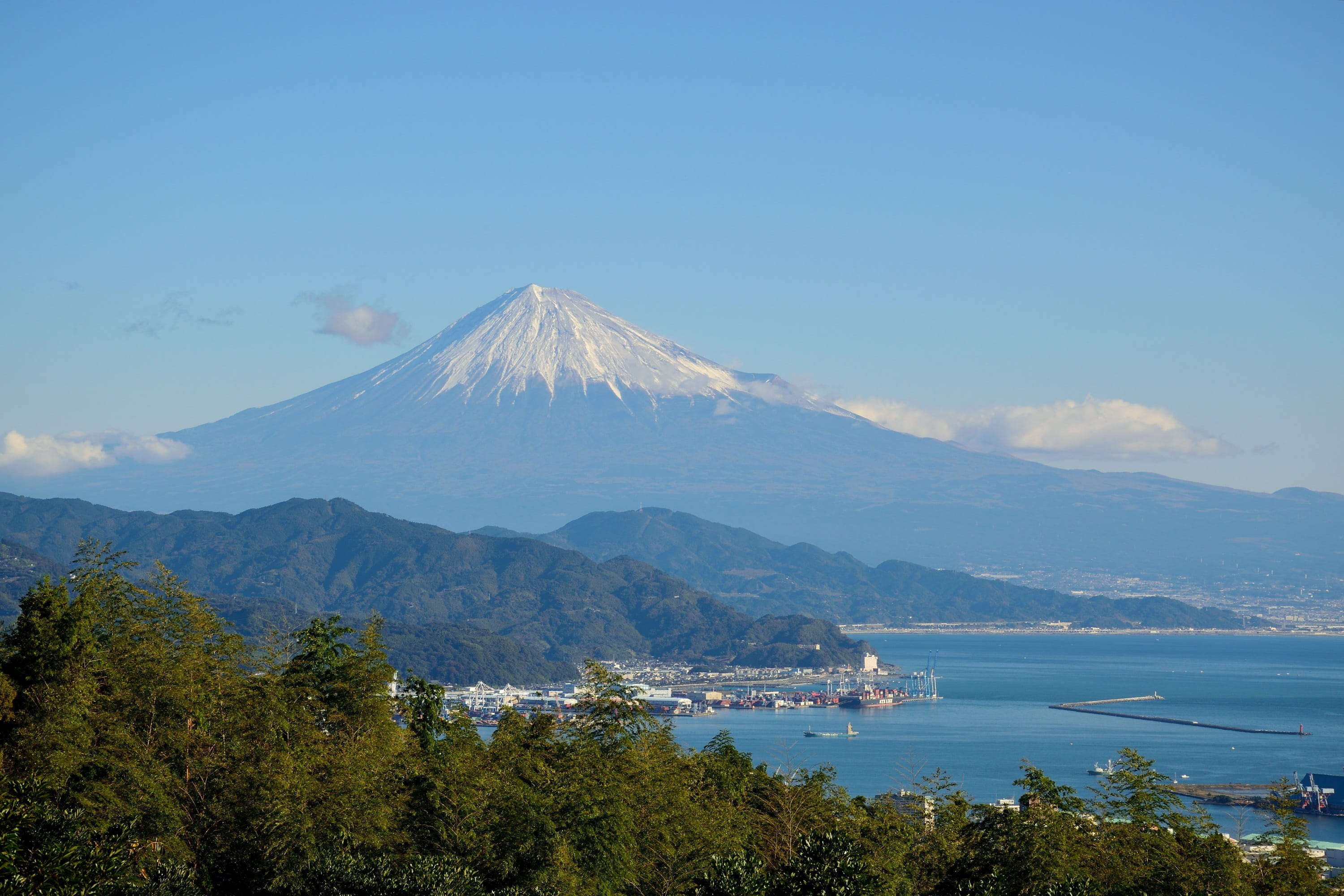 water, cloud - sky, blue, 2K, travel, scenics - nature, beauty in nature, japan, shizuoka, sea, volcano, tree, sky, tranquility, fuji, outdoors, mountain, HD Wallpaper