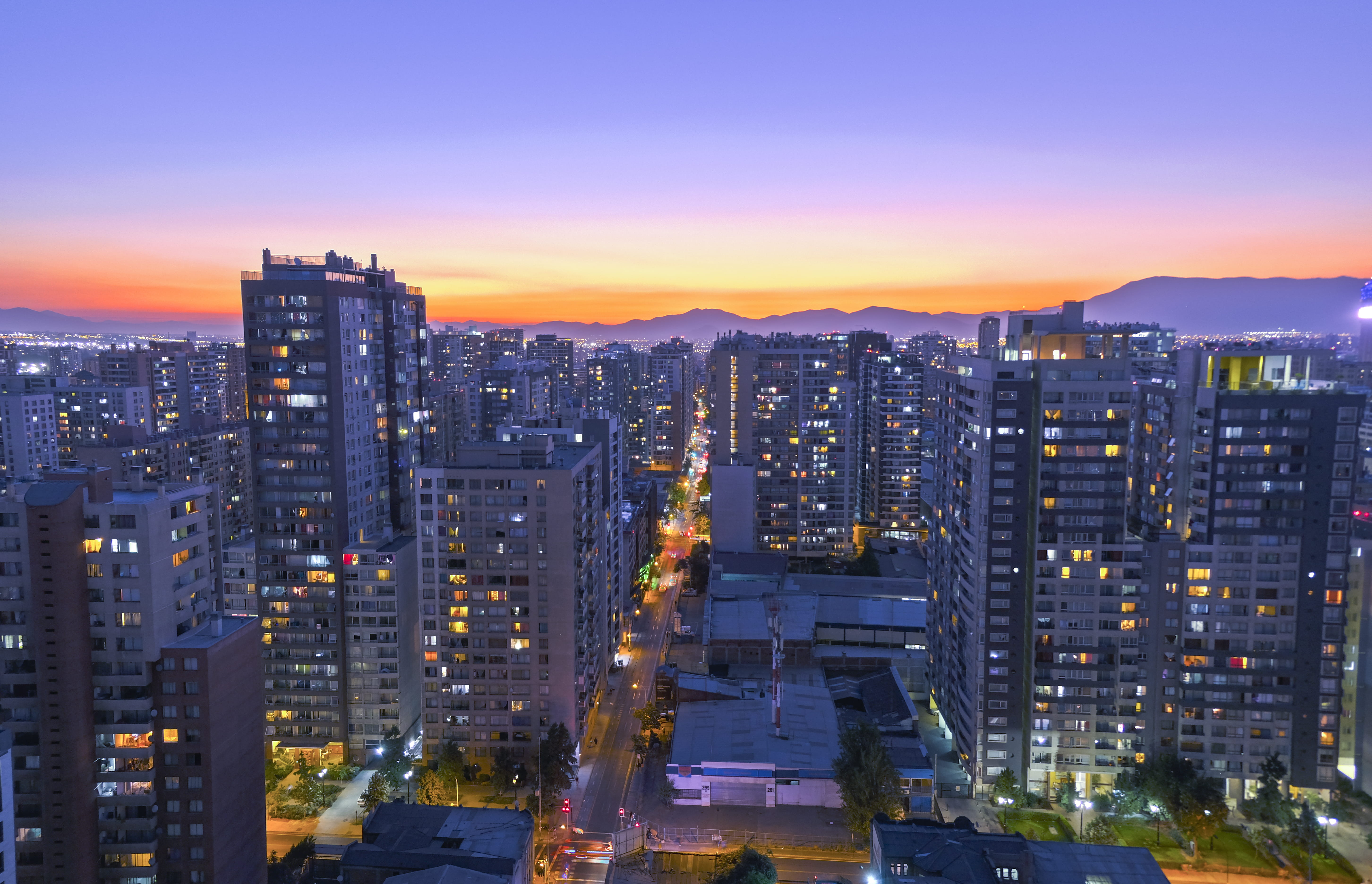 mountains, landscape, downtown district, outdoors, fuji, architecture, sky, cityscape, chile, building, built structure, modern, xt20, 18mm., dusk, night, HD Wallpaper