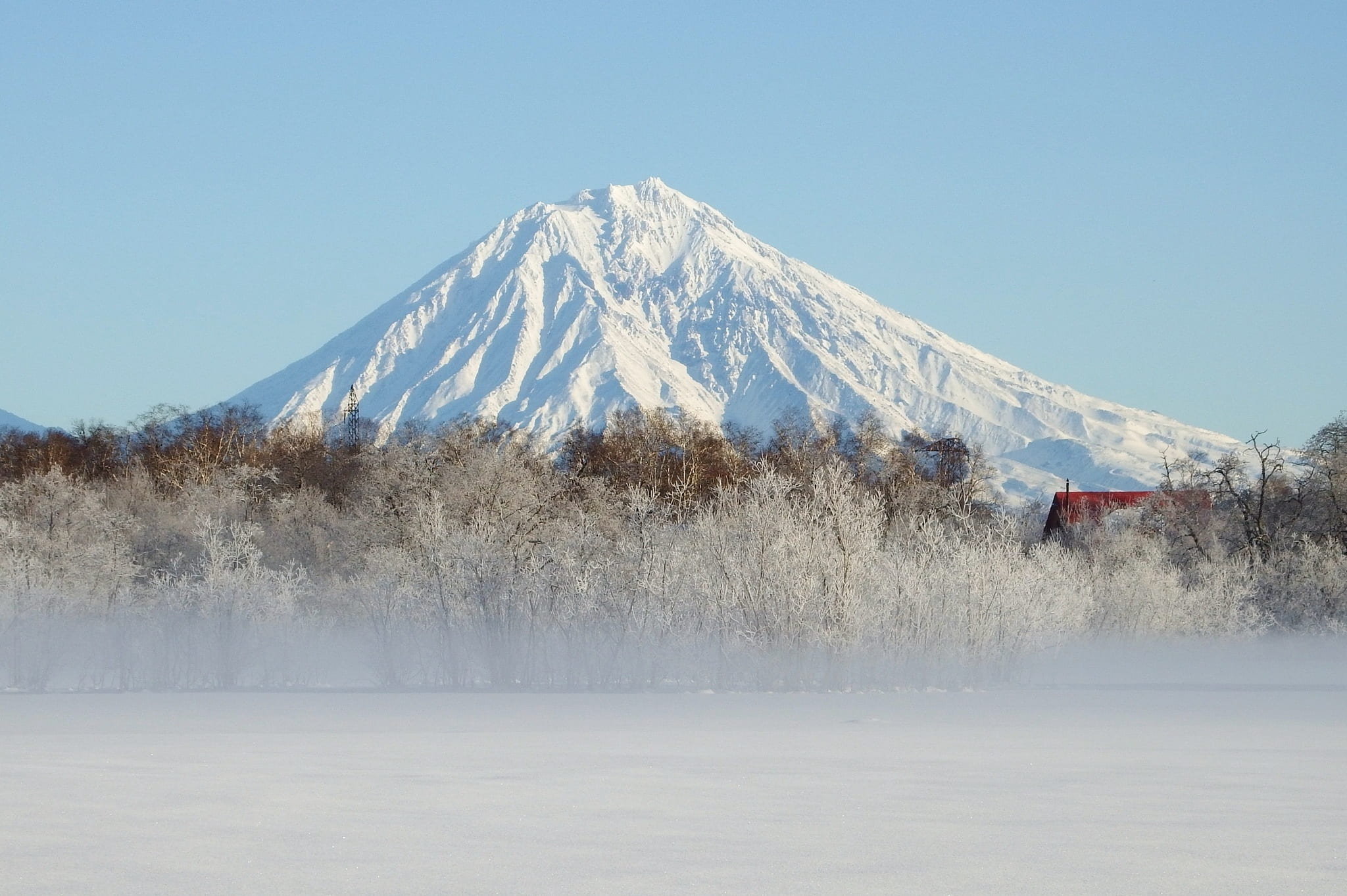 sky, snowy mountains, koryaksky volcano, tree, kamchatka, snow, covered, birch, no people, clear sky, trees, tranquility, mountain, leann, snowcapped mountain, HD Wallpaper