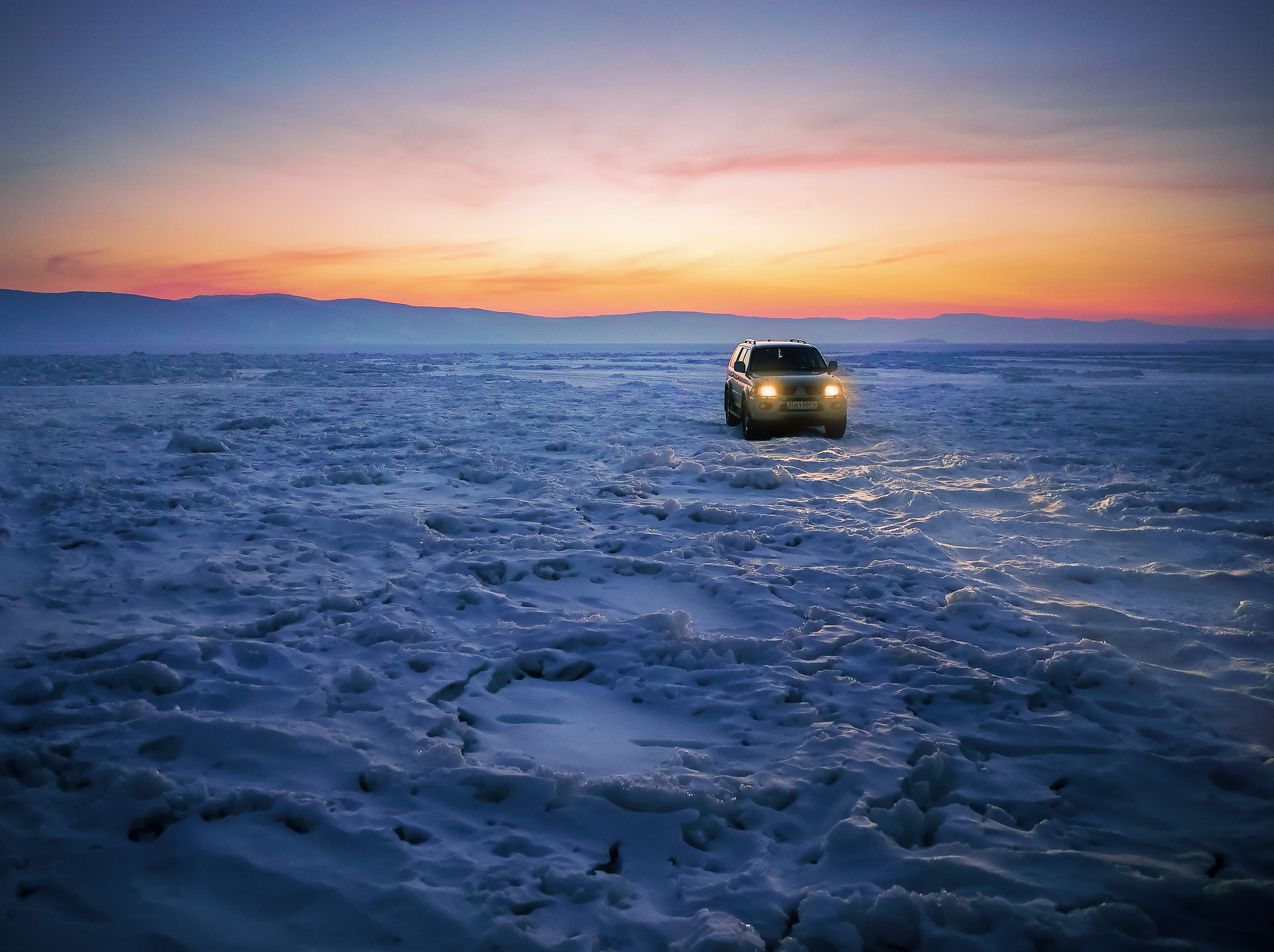 transportation, blue, glacier, car, sky, scenics - nature, tranquil scene, travel, tranquility, headlights, outdoors, ice, russland, snowcapped mountain, HD Wallpaper