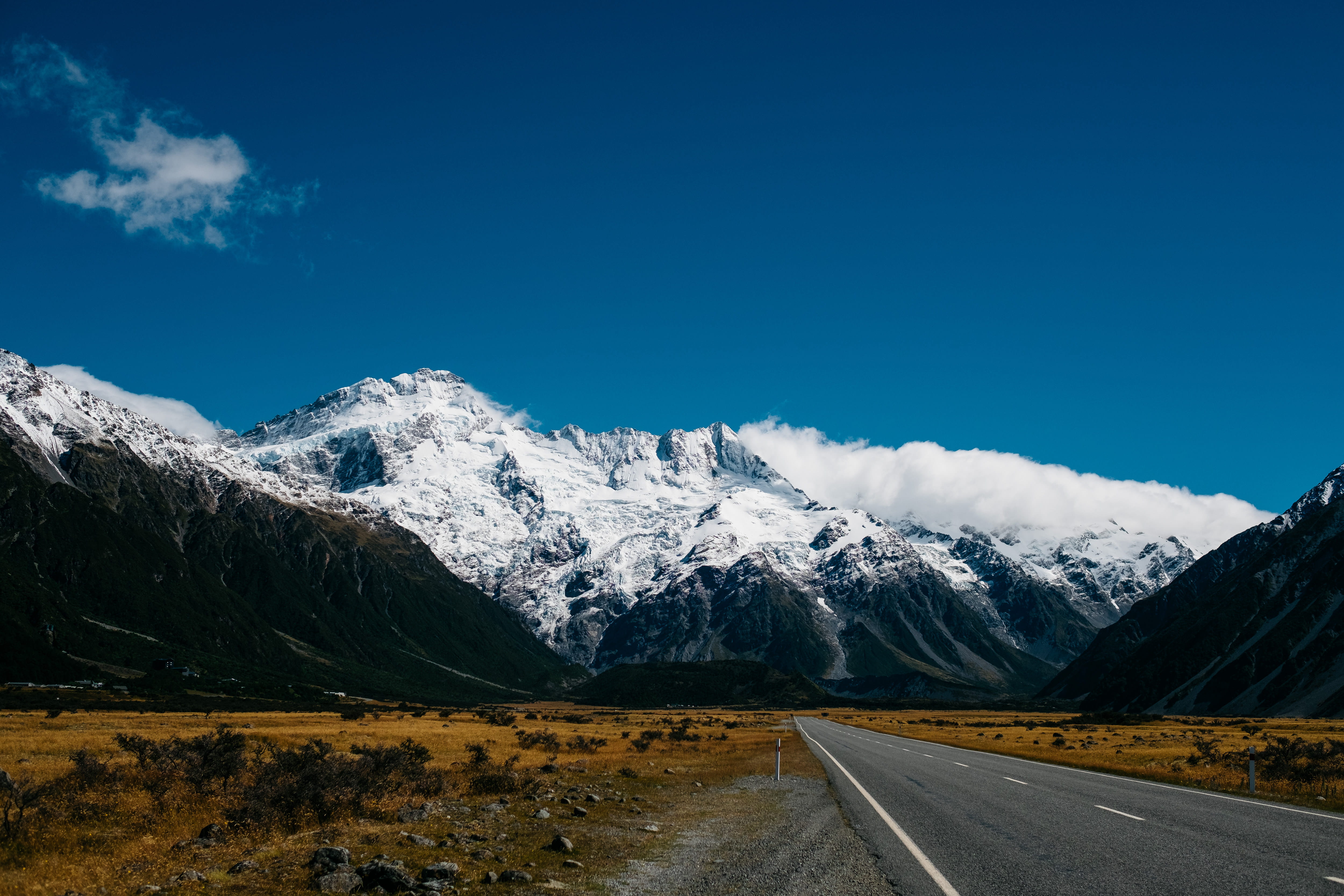 outdoors, snow, highway, mountain Peak, mountain Range, mt cook, New Zealand, no People, cloud - Sky, environment, tranquil scene, dividing line, direction, HD Wallpaper