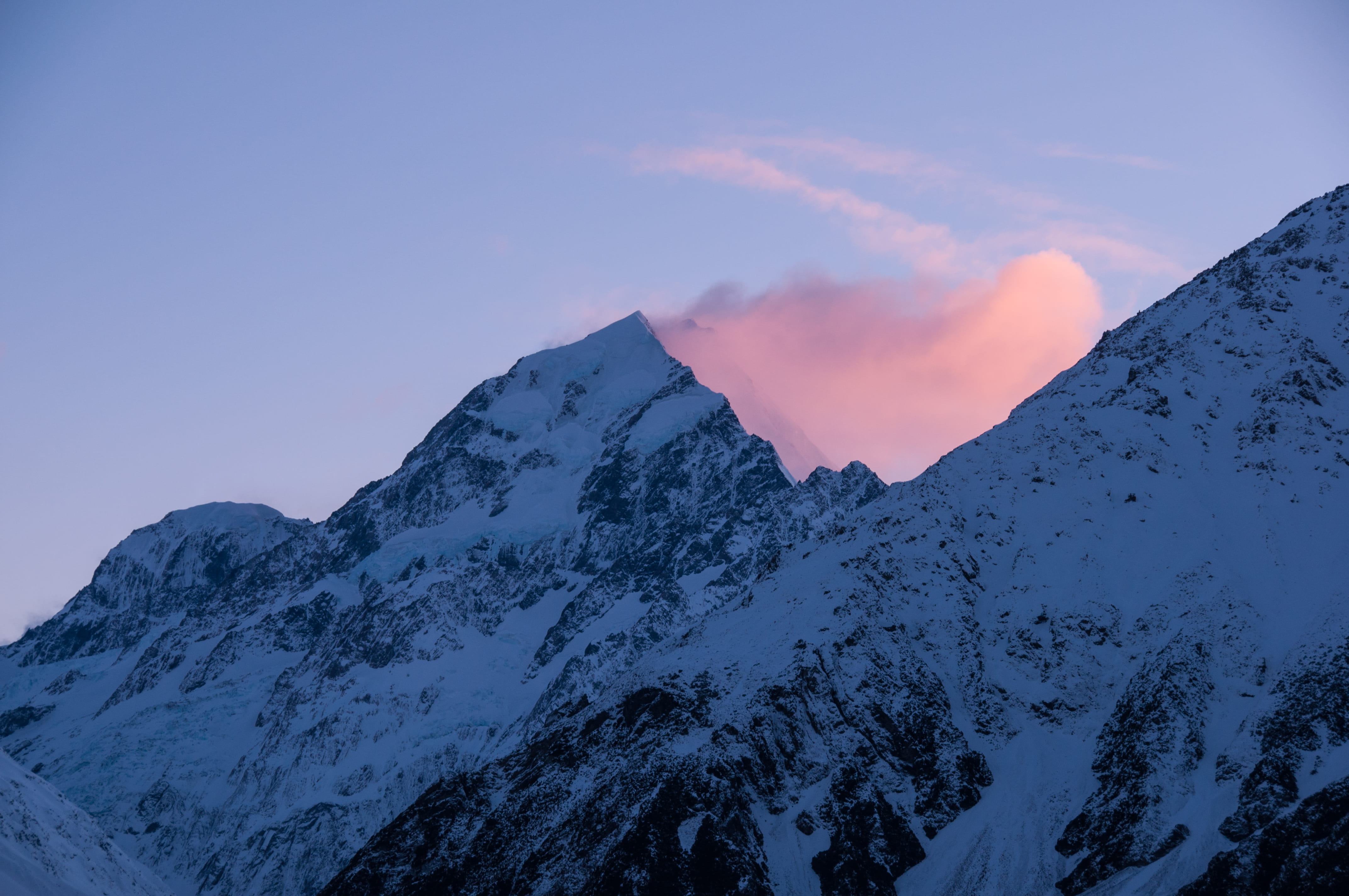 alp, crest, formation, no people, landscape, sunrise, cloud - sky, mountain peak, outdoors, new zealand, nature, dark, peak, mt cook, 4K, beauty in nature, HD Wallpaper