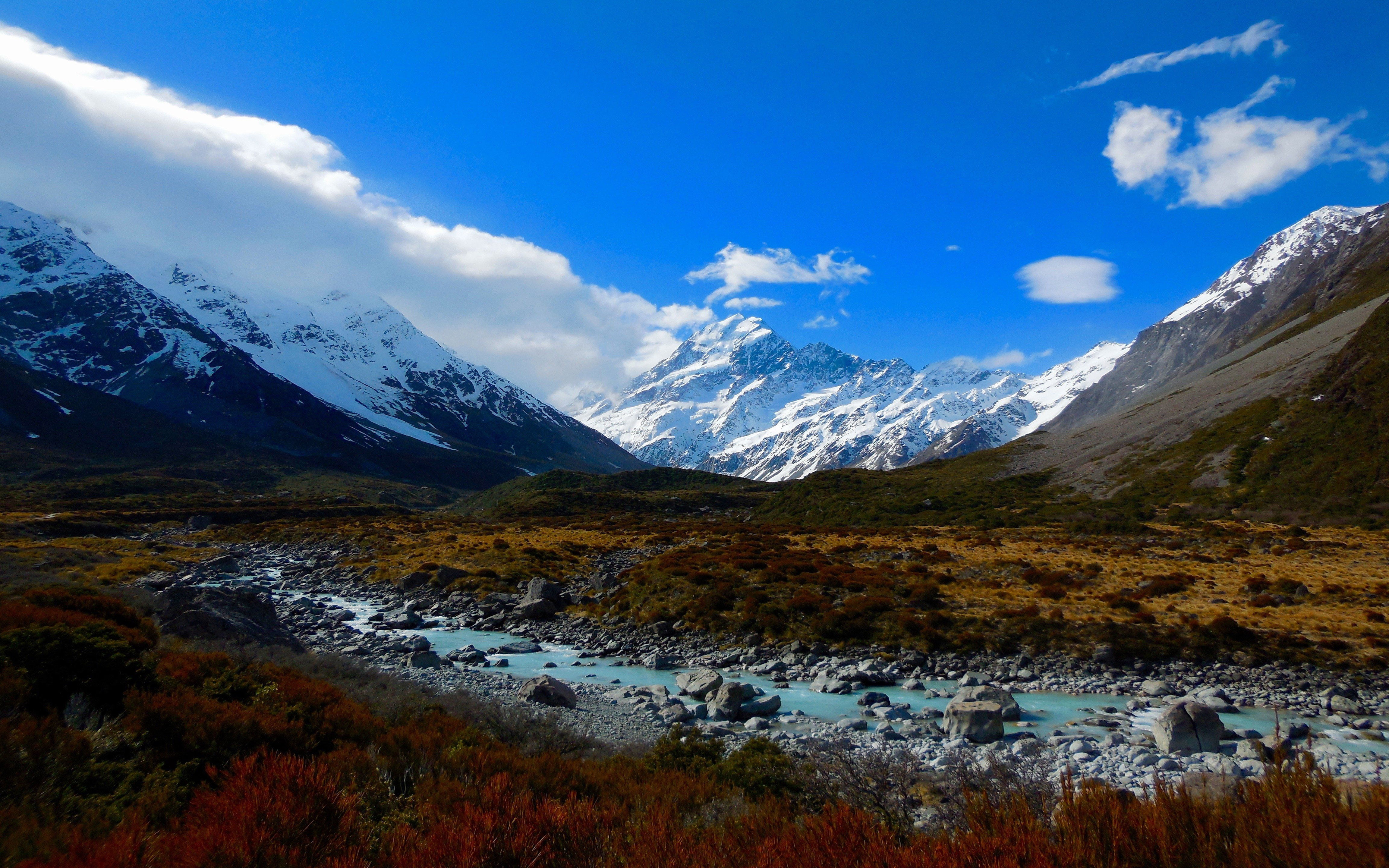 tranquility, scenics - nature, zealand, beauty in nature, snow, mountain range, flowing water, water, no people, nature, 4K, new, snowcapped mountain, HD Wallpaper