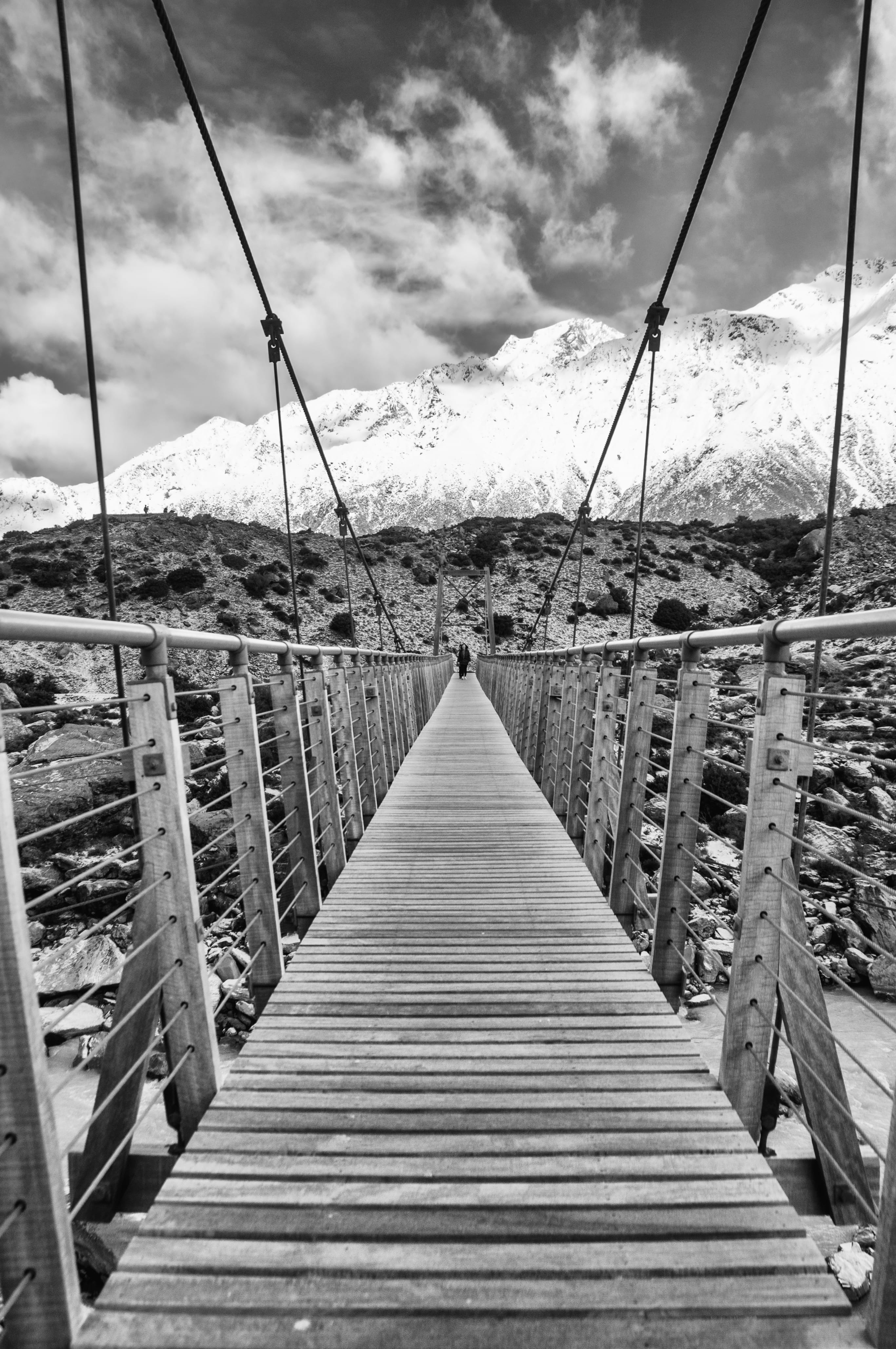 direction, connection, hooker valley track, water, bridge, snow, hiking, aoraki, treking, railing, black and white, swing bridge, transportation, day, wood - material, Phone HD Wallpaper